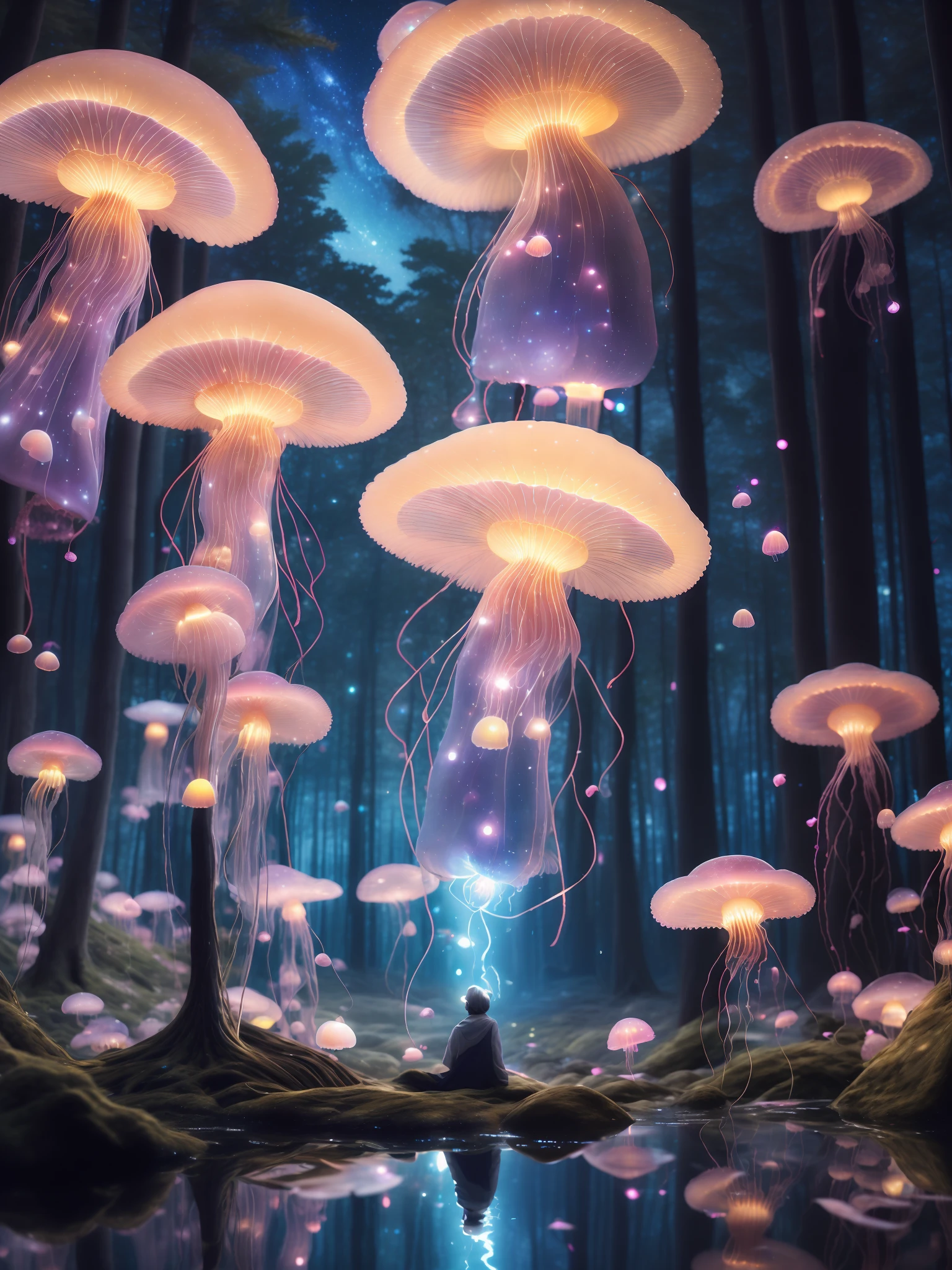 {
    "scene": {
        "location": "(a glowing forest :1.4)",
        "character": "(many jellyfishes :1.4)",
        "elements": "(the ground is wet :1.4), (bright starry sky :1.4)"
    },
    "environment": {
        "mood": "(reflection :1.4)",
        "theme": "landscape",
        "lighting": "(night time :1.4)"
    },
    "action": {
        "action character": "the many jellyfishes",
        "action": "(flying in the glowing forest :1.5)"
    },
    "quality": {
        "type": "(high quality masterpiece :1.7), (beautiful anime scene :1.6), (detailed scenery :1.6)",
        "artist": "Makoto Shinkai",
        "platform": "pixiv, concept art",
        "style": "(lofi art style :1.5), (style of Makoto Shinkai :1.6)",
        "techniques": "(enhanced details :1.5)"
    }
}

BREAK

In (a glowing forest :1.4), (many jellyfishes :1.4) are shown, with (the ground is wet :1.4) and (bright starry sky :1.4) in the background.
BREAK
The environment has a mood of (reflection :1.4), with a landscape theme and (night time :1.4) lighting.
BREAK
The many jellyfishes are (flying in the glowing forest :1.5), with translucent bodies and bioluminescent colors.
BREAK
The scene is (high quality masterpiece :1.7), (beautiful anime scene :1.6), and (detailed scenery :1.6), made by Makoto Shinkai on pixiv and concept art platforms. The style is (lofi art style :1.5) and (style of Makoto Shinkai :1.6), with enhanced details techniques,