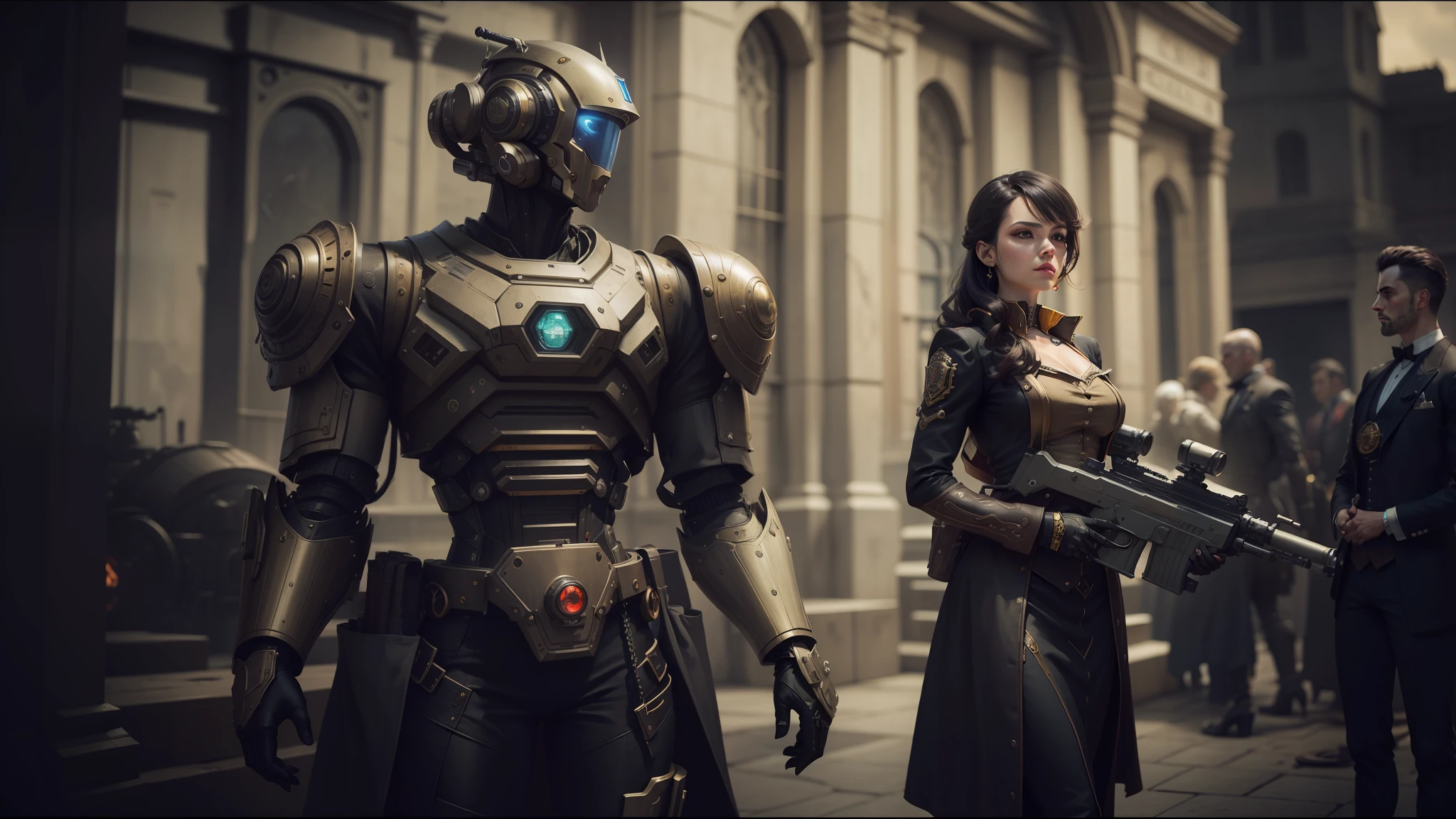 there is a woman standing next to a robot with a gun, steampunk male portrait, cinematic art shot, an elegant couple, grainy black and white footage, by Robert MacBryde, alexander abdulov, ecopunk, three piece suit, real life characters, brass colored armor coat, beautiful android woman, high definition cgsociety, humanization, machine elves --auto --s2