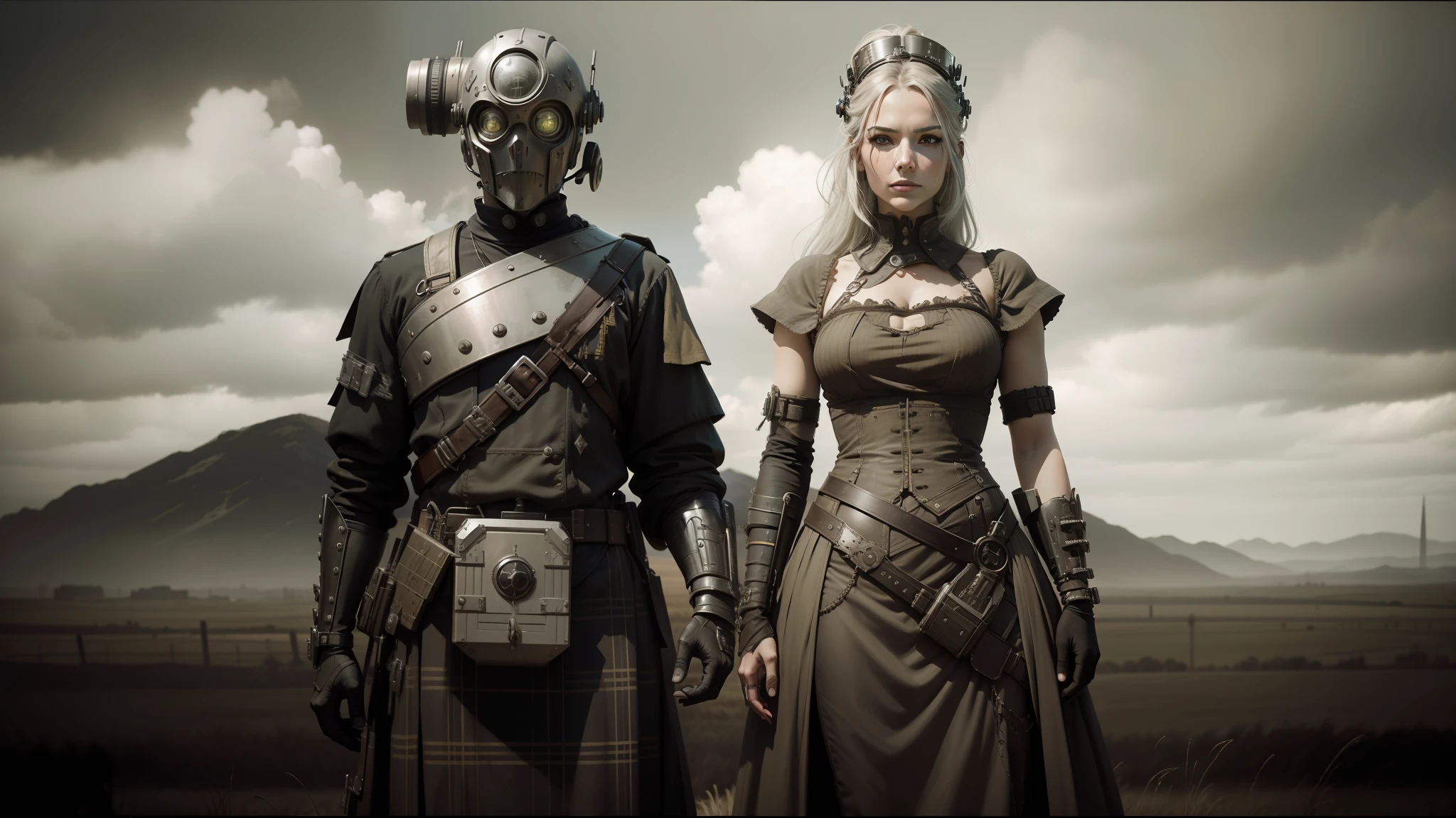 there are two people dressed in costumes standing in a field, western steampunk cyborg, scottish style, oilpunk, monarchy, monochromatic photo, of an cyber gods, princess of the wasteland, movie artwork, interconnected human lifeforms, cgi society --auto --s2