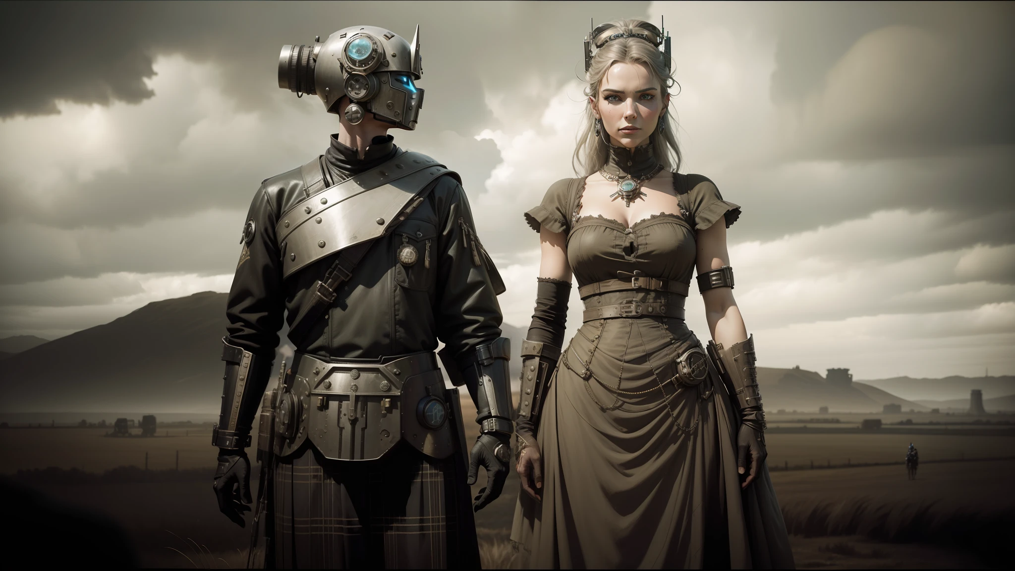 there are two people dressed in costumes standing in a field, western steampunk cyborg, scottish style, oilpunk, monarchy, monochromatic photo, of an cyber gods, princess of the wasteland, movie artwork, interconnected human lifeforms, cgi society --auto --s2