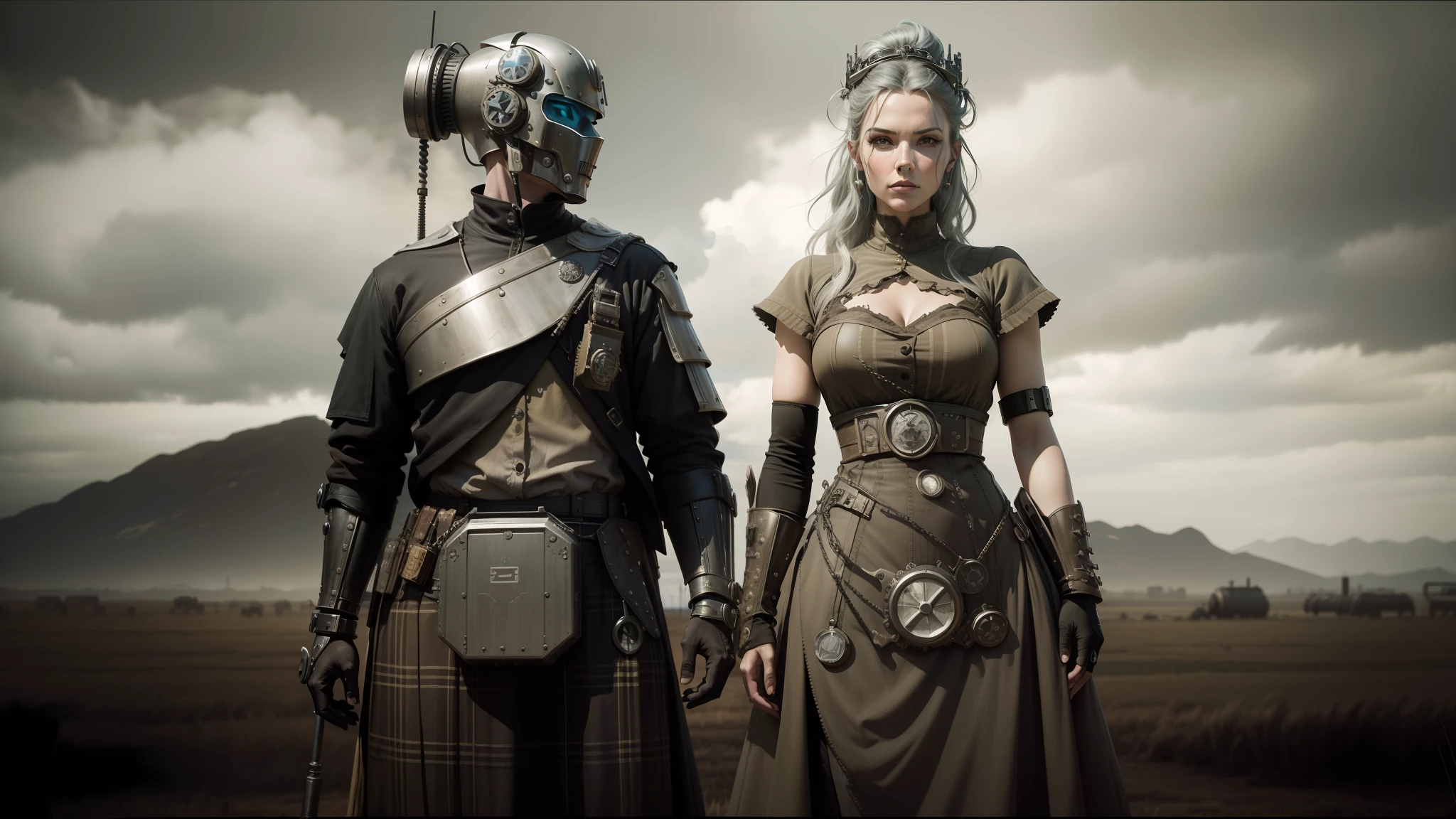 there are two people dressed in costumes standing in a field, western steampunk cyborg, scottish style, oilpunk, monarchy, monochromatic photo, of an cyber gods, princess of the wasteland, movie artwork, interconnected human lifeforms, cgi society --auto --s2