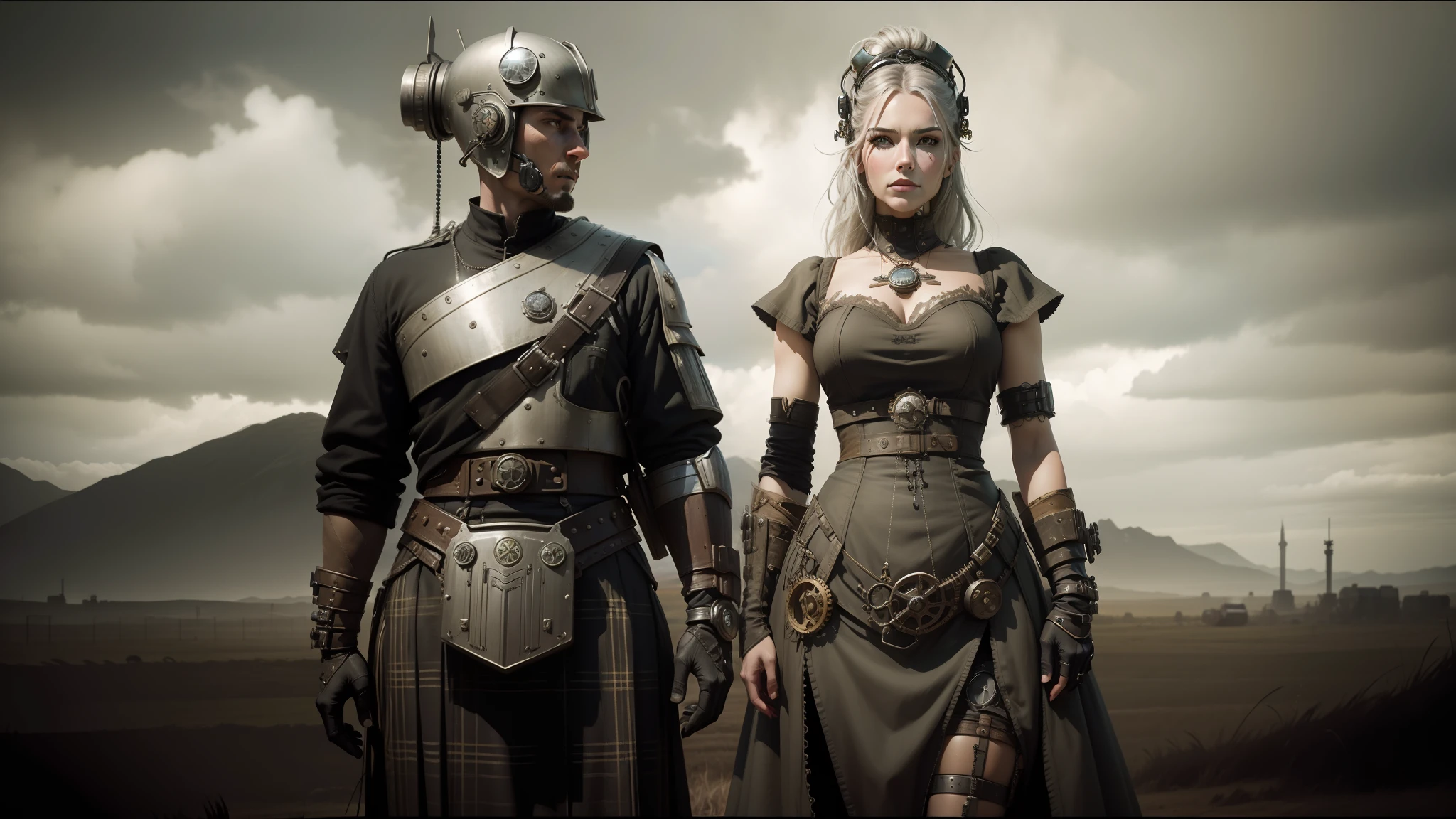 there are two people dressed in costumes standing in a field, western steampunk cyborg, scottish style, oilpunk, monarchy, monochromatic photo, of an cyber gods, princess of the wasteland, movie artwork, interconnected human lifeforms, cgi society --auto --s2