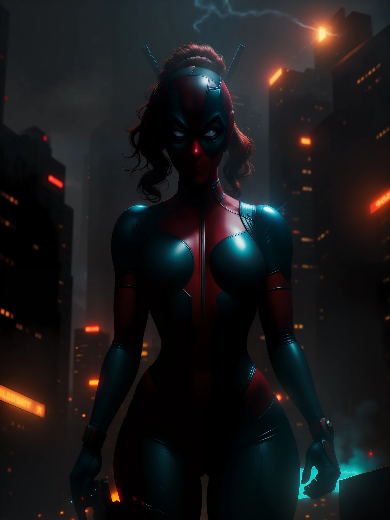 Scene from the movie, Sexy Woman dressed as Deadpool from Marvel, extremely detailed, futuristic cityscape, nighttime, glowing neon lights, smoke, sparks, metal shavings, flying debris, blue energy effects, volumetric light