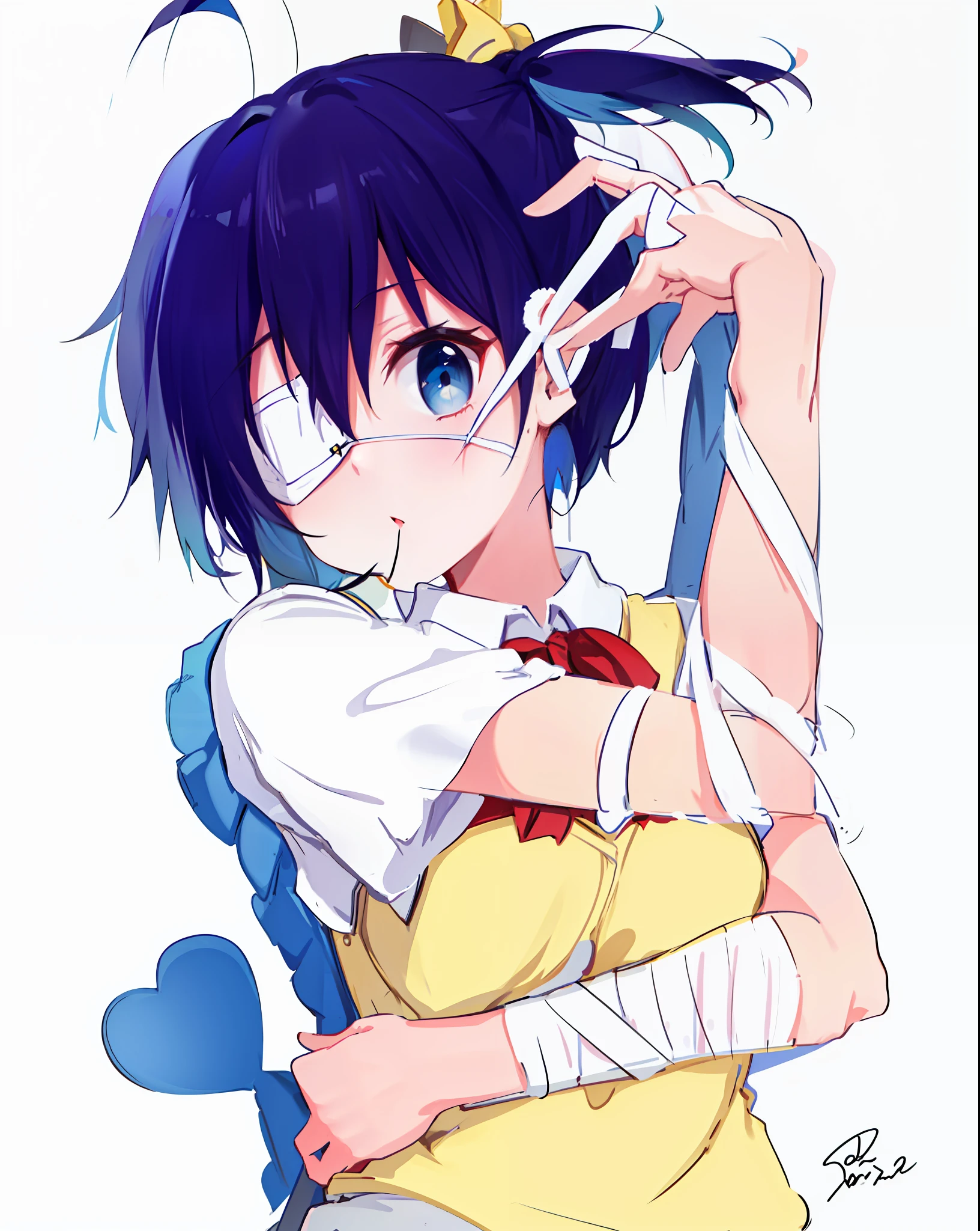 high res, masterpiece,Rikka Takanashi, black hair, solo, 1girl,outside,deatailed background, detailed eyes, ((blue eyes)), eyepatch