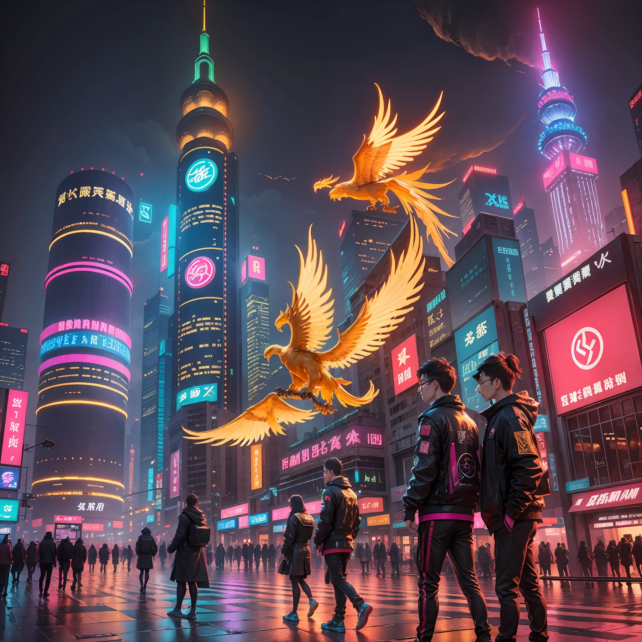 Shanghai, night view, neon lights, golden phoenix flying in the sky, street pedestrians, cyberpunk, futuristic world, metaverse