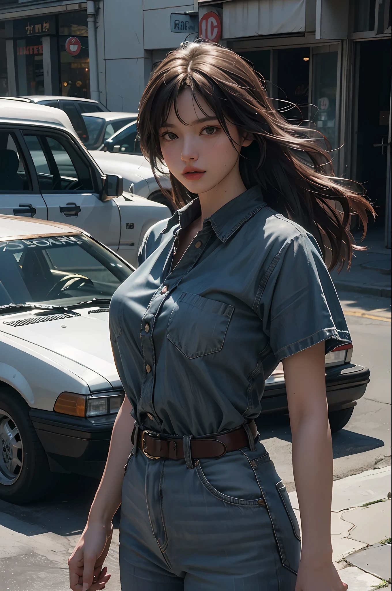 (RAW photo, 4k, masterpiece, high resolution, extremely complex) (realistic: 1.4), cinematic lighting
1 Girl, Solo Focus, Summer Noon, Hot, 1990s\(Style\), Resident Evil Style Scene Western Cowboy