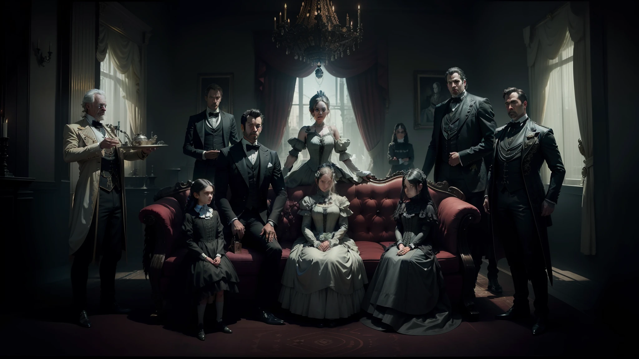 arafed image of a family of people in costumes posing for a picture, stunning moody cinematography, biomechanical dress, owl studio and j.dickenson, in style of chrome hearts, victoriana, panavision x iii, publicity photo, queen victoria, humanoid, cgsociety ), tv series, high resolution --auto --s2