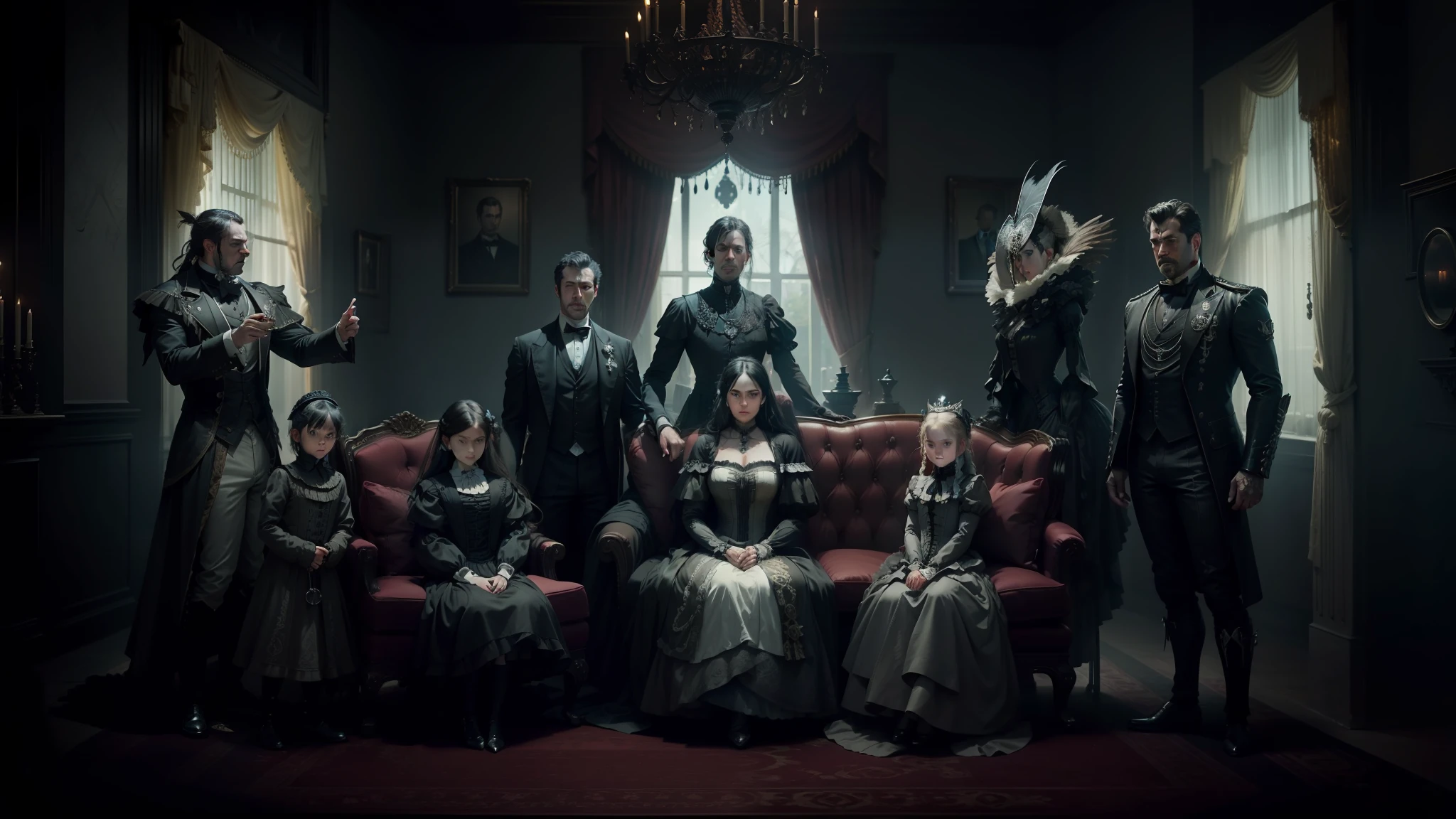 arafed image of a family of people in costumes posing for a picture, stunning moody cinematography, biomechanical dress, owl studio and j.dickenson, in style of chrome hearts, victoriana, panavision x iii, publicity photo, queen victoria, humanoid, cgsociety ), tv series, high resolution --auto --s2