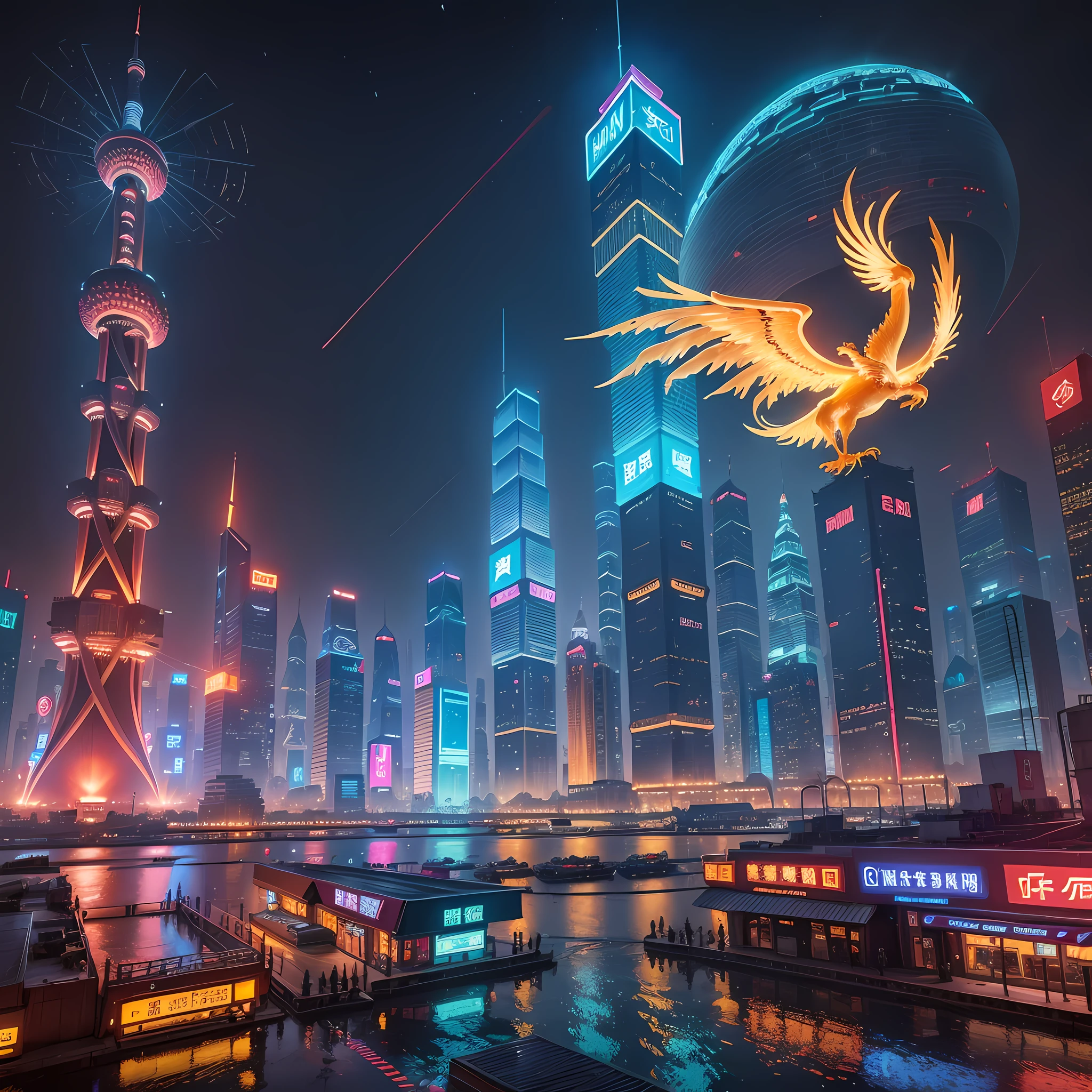 Shanghai, night view, neon lights, golden phoenix flying in the sky, street pedestrians, cyberpunk, futuristic world, metaverse