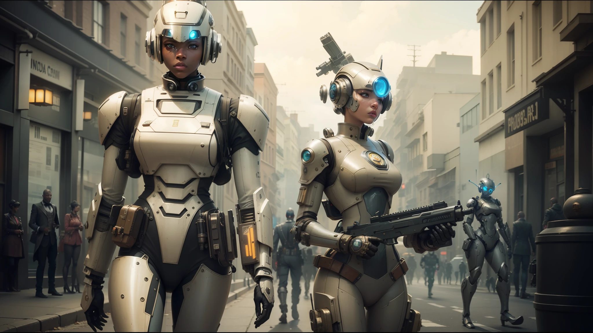 they are two robots walking down the street with guns, detailed cinematic photography, steampunk digital art, bigstudiovfx, still image from tv series, anthropomorphic female, featured on vimeo, yasuke 5 0 0 px models, by Robert Koehler, interconnected human lifeforms, shot on anamorphic lenses --auto --s2