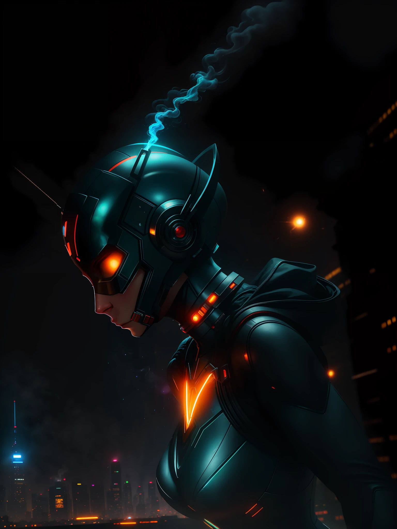 Scene from the movie, Woman dressed as Ant-Man from Marvel, extremely detailed, futuristic cityscape, nighttime, glowing neon lights, smoke, sparks, metal shavings, flying debris, blue energy effects, volumetric light