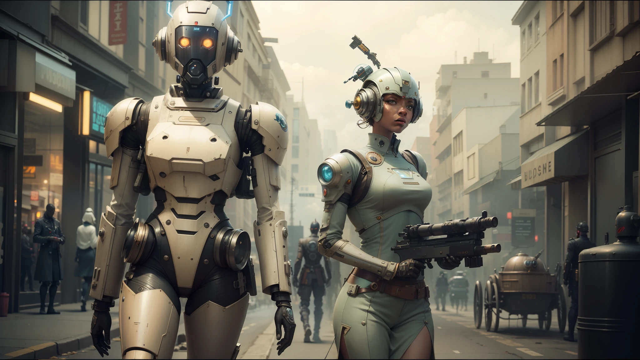 they are two robots walking down the street with guns, detailed cinematic photography, steampunk digital art, bigstudiovfx, still image from tv series, anthropomorphic female, featured on vimeo, yasuke 5 0 0 px models, by Robert Koehler, interconnected human lifeforms, shot on anamorphic lenses --auto --s2