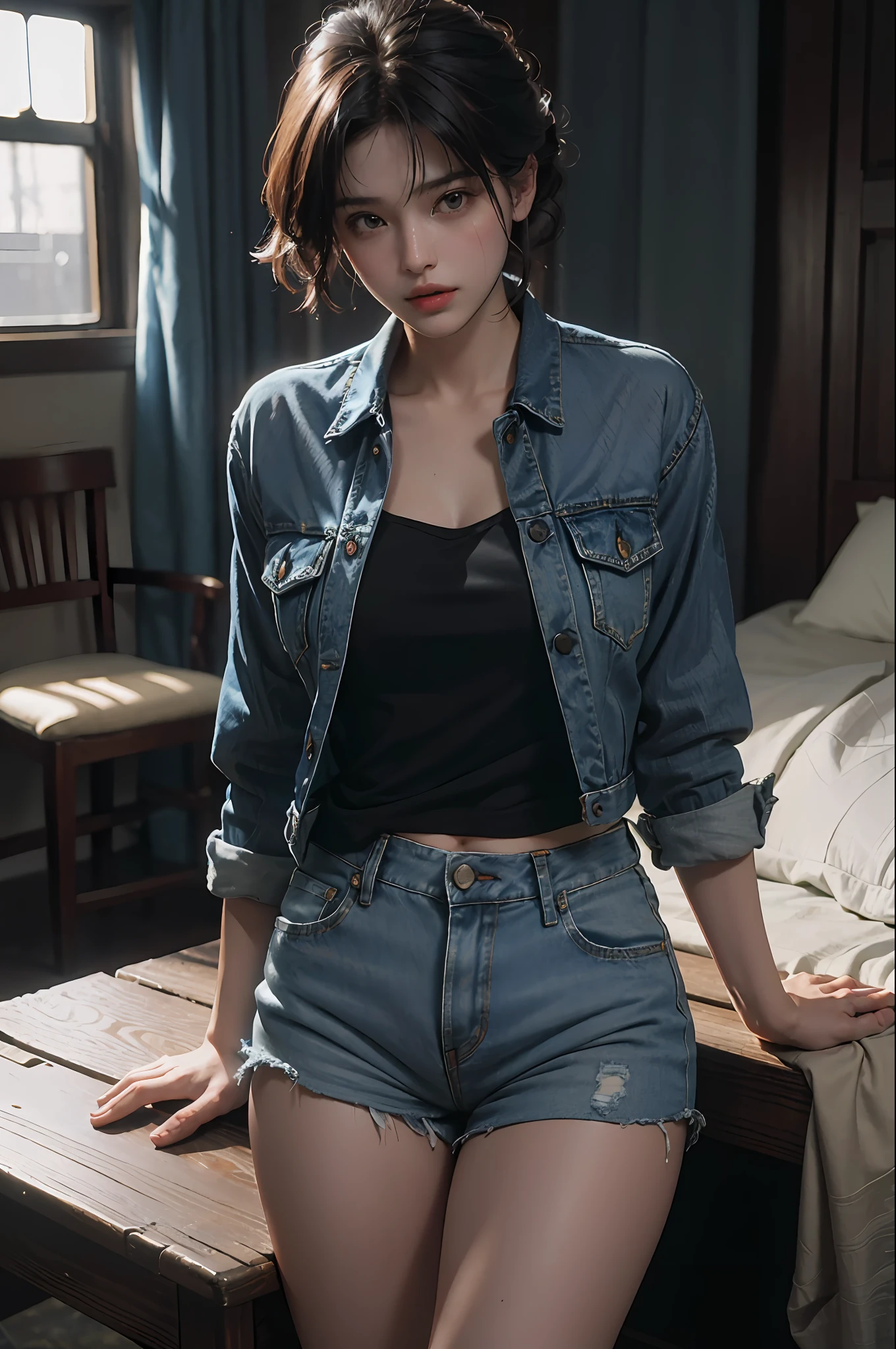 (RAW photo, 4k, masterpiece, high resolution, extremely complex) (realistic: 1.4), cinematic lighting
1 Girl, Solo Focus, Summer Noon, Hot, 1990s \ (Style\), Big Chest, Resident Evil Style Scene Denim Shorts Beautiful posture
