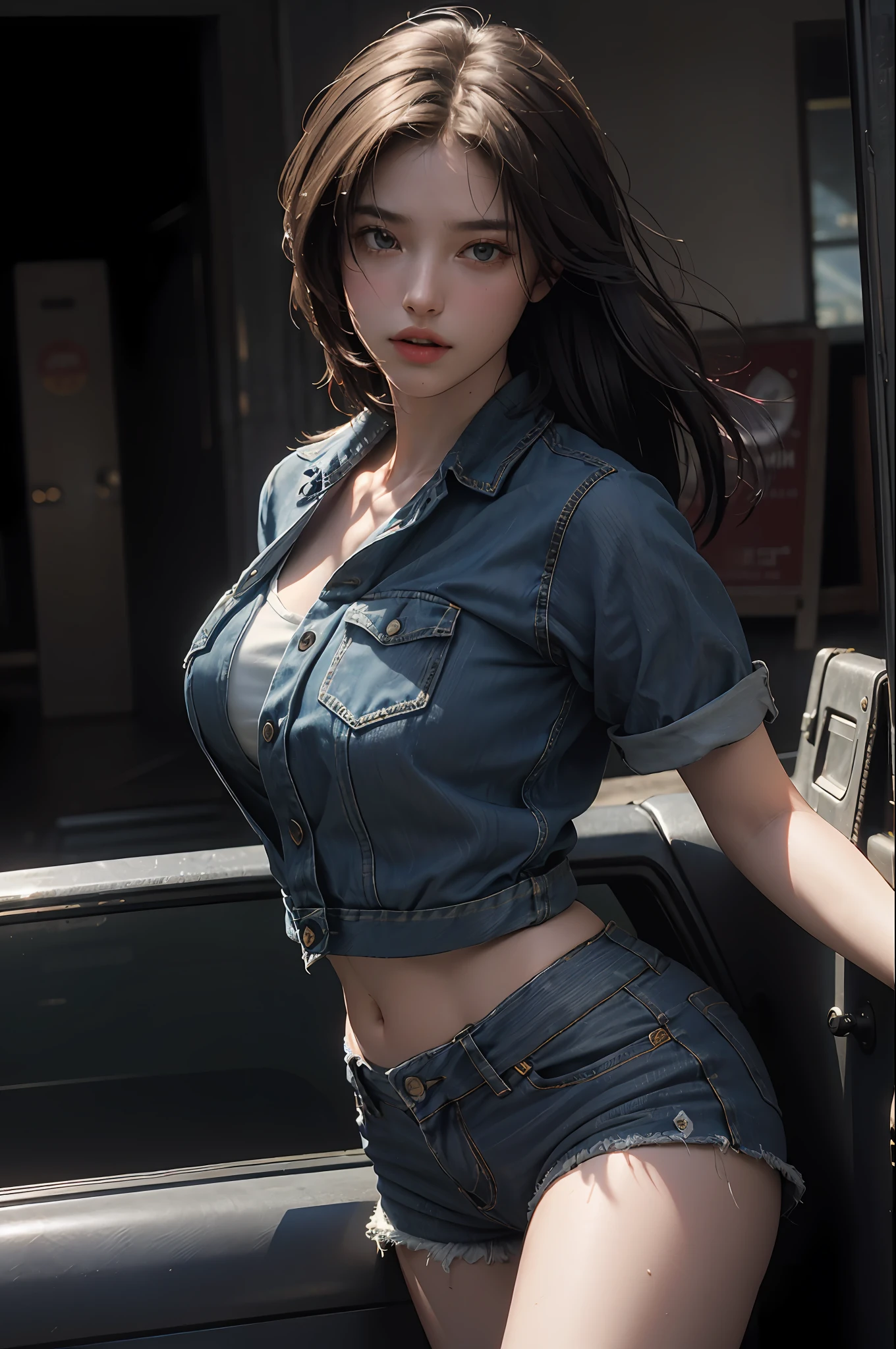 (RAW photo, 4k, masterpiece, high resolution, extremely complex) (realistic: 1.4), cinematic lighting
1 Girl, Solo Focus, Summer Noon, Hot, 1990s \ (Style\), Big Chest, Resident Evil Style Scene Denim Shorts Beautiful posture