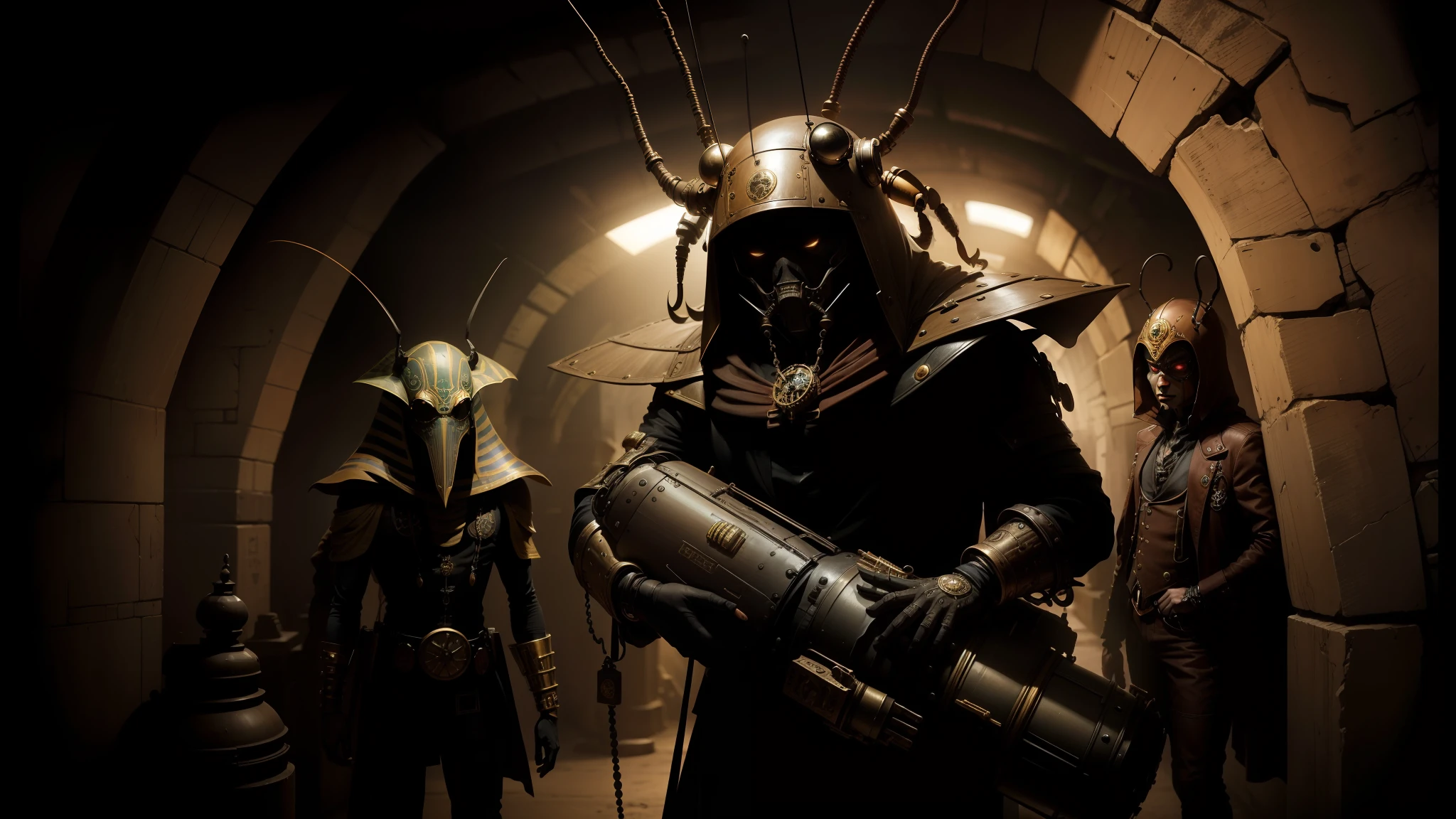 there are two men dressed in alien costumes standing in a tunnel, steampunk insect, still image from the movie, 2 0 1 8, highly detailed characters, egyptian atmosphere, still from a music video, draincore, egyptology, cockroach, by Samu Börtsök, 2019, asuras, by Shinji Aramaki, steampunk --auto --s2