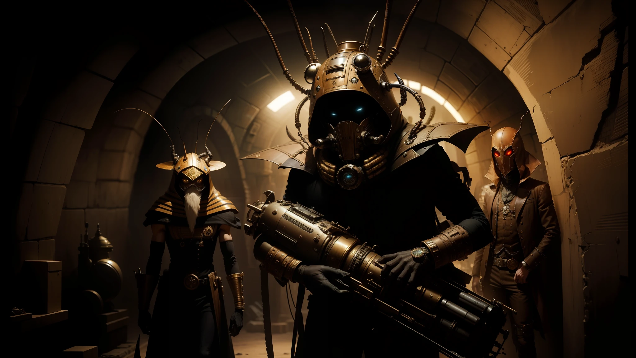 there are two men dressed in alien costumes standing in a tunnel, steampunk insect, still image from the movie, 2 0 1 8, highly detailed characters, egyptian atmosphere, still from a music video, draincore, egyptology, cockroach, by Samu Börtsök, 2019, asuras, by Shinji Aramaki, steampunk --auto --s2