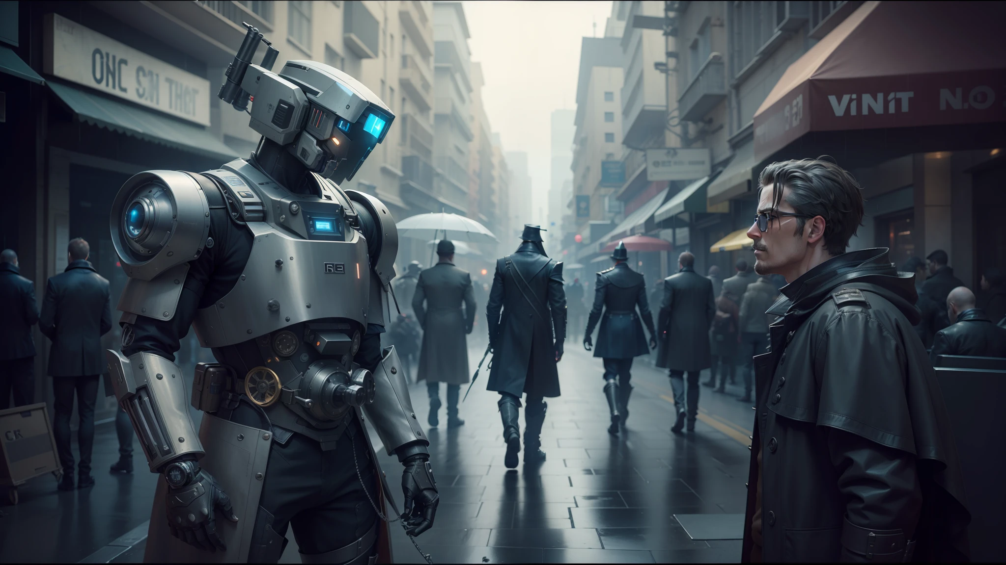 there is a man standing next to a robot on a street, cyber steampunk 8 k 3 d, by Fred A. Precht, by Hans Sandreuter, kitbashing, 1 3 mm film color grading, black greatcoat, medium shot of two characters, digital rain, gray anthropomorphic, cgsociety - w 1 0 2 4 - n 8 - i --auto --s2