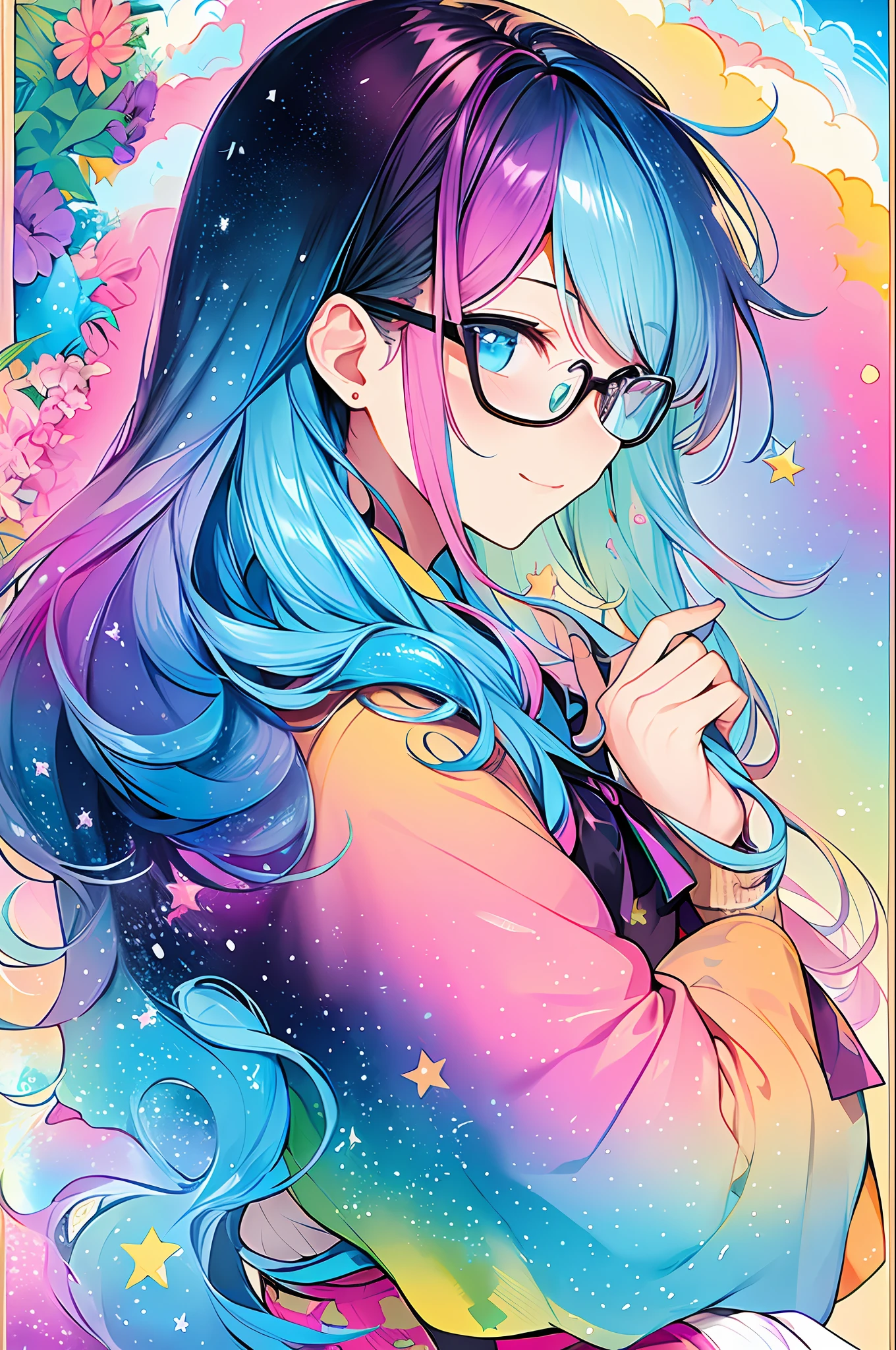 (Masterpiece, Best Quality, Best Quality, Watercolor (Medium), Official Art, Beautiful and Aesthetic: 1.2), (1 Girl: 1.3), (Fractal Art: 1.3), Upper Body, From the Side, Look at the Viewer, Pattern, (Iridescent Hair, Colorful Hair, Half Blue and Half Pink Hair: 1.2), Water, Liquid, Clouds, Colorful, Starry Sky, Stars, Smile, Glasses, Heterochromia, (Colorful: 1.5)