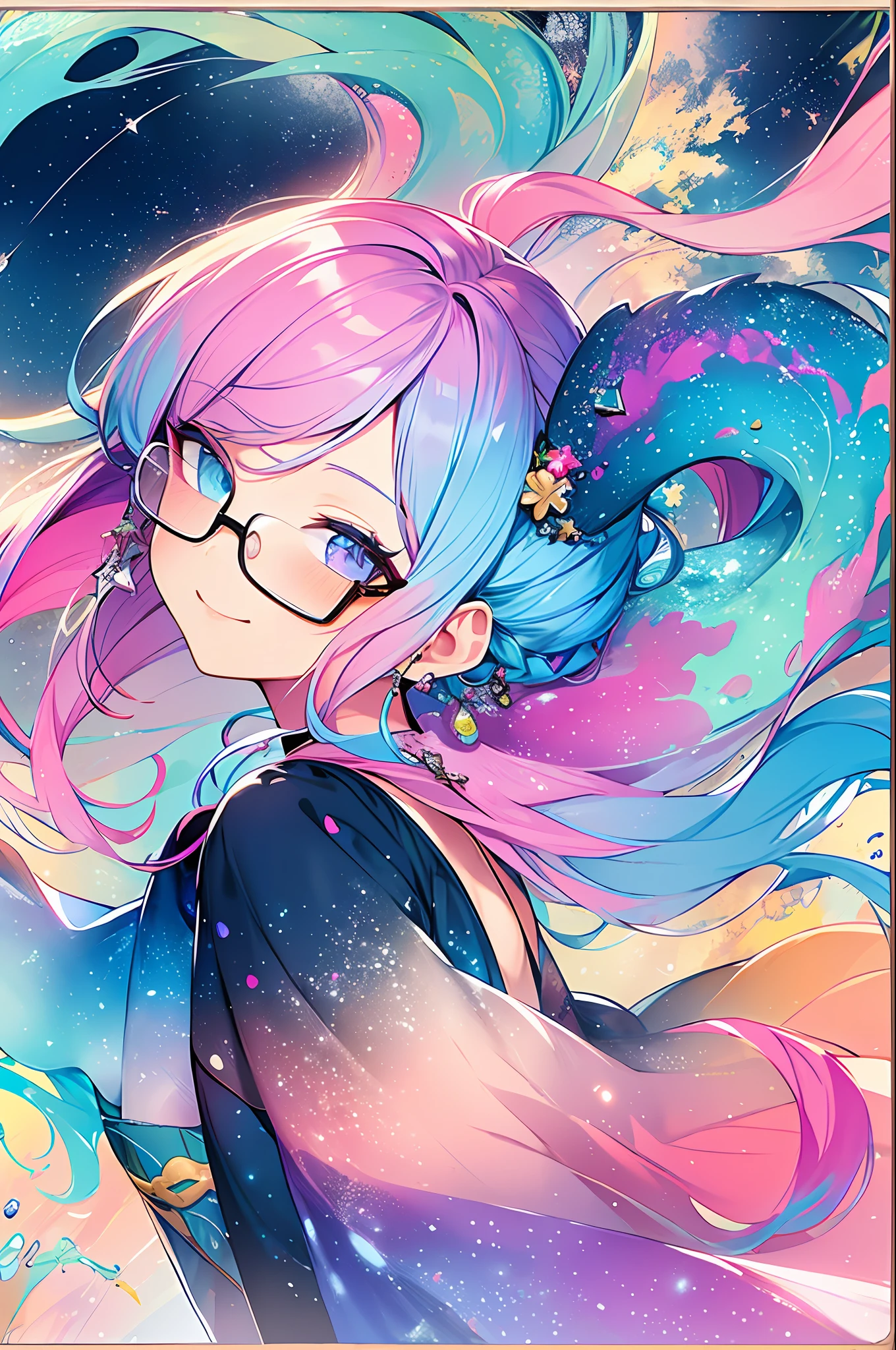 (Masterpiece, Best Quality, Best Quality, Watercolor (Medium), Official Art, Beautiful and Aesthetic: 1.2), (1 Girl: 1.3), (Fractal Art: 1.3), Upper Body, From the Side, Look at the Viewer, Pattern, (Iridescent Hair, Colorful Hair, Half Blue and Half Pink Hair: 1.2), Water, Liquid, Clouds, Colorful, Starry Sky, Stars, Smile, Glasses, Heterochromia, (Colorful: 1.5)
