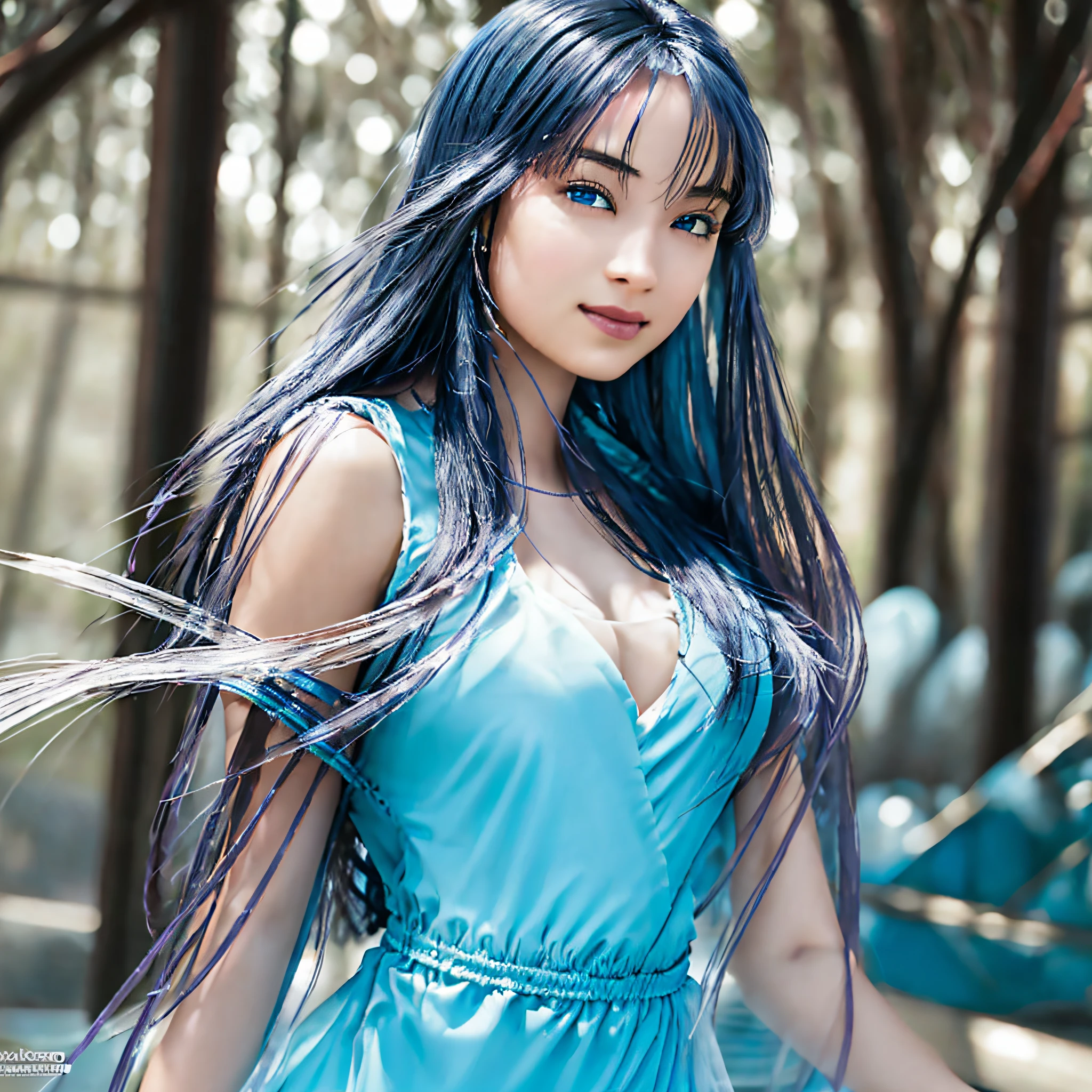 She is a beautiful water spirit, the spirit hair is flowing and transparent blue, it looks like a waterfall, the eye color is aquamarine, reflecting the depth of the sea. It is surrounded by a gentle mist and has a fantastic and enchanting appearance. Water Spirit's skin is glowing and glowing with a soft blue hue, Water Spirit gentle and seductive, photorealistic, masterpiece, highest quality, super detailed, HDR, 8K