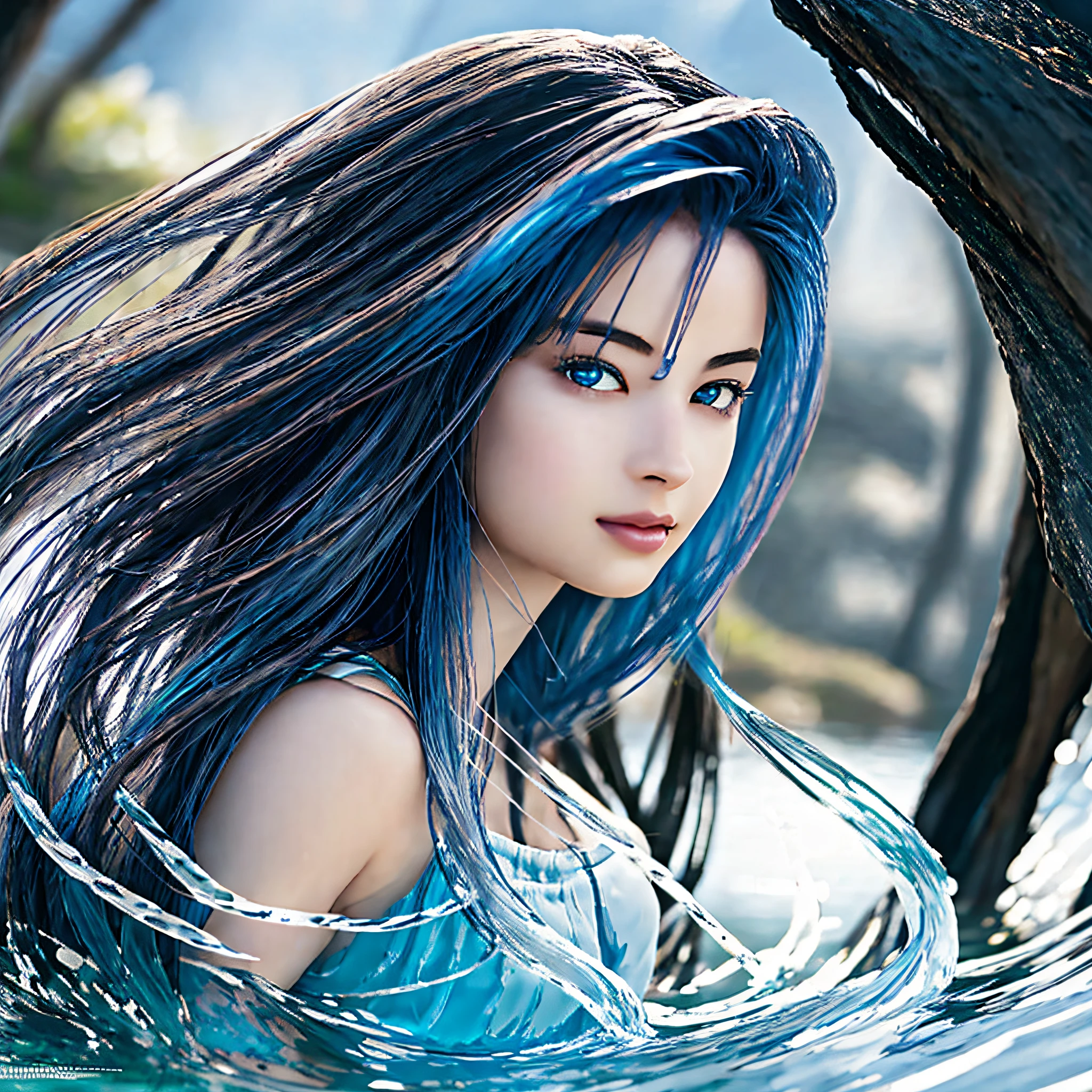She is a beautiful water spirit, the spirit hair is flowing and transparent blue, it looks like a waterfall, the eye color is aquamarine, reflecting the depth of the sea. It is surrounded by a gentle mist and has a fantastic and enchanting appearance. Water Spirit's skin is glowing and glowing with a soft blue hue, Water Spirit gentle and seductive, photorealistic, masterpiece, highest quality, super detailed, HDR, 8K