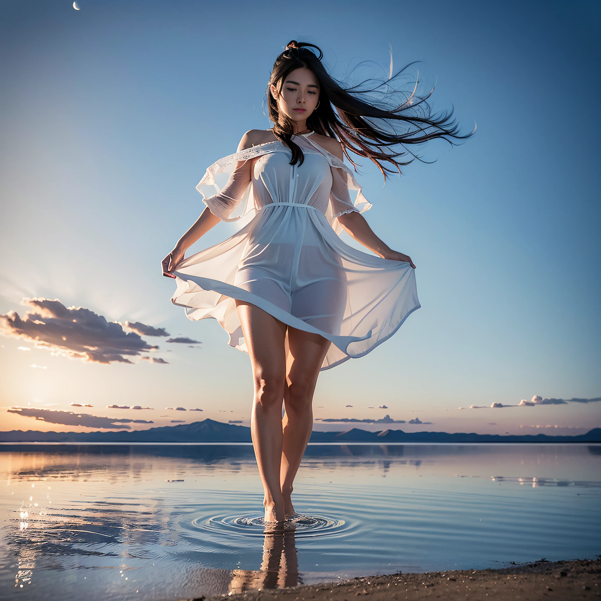 Photos, (Photorealistic: 1.4), (Hyperrealistic: 1.4), (Realistic: 1.3), (Smooth lighting: 1.05), (Improved lighting quality of the film: 0.9), Gentle and beautiful and attractive woman, Solo, young Japan woman, (white dress), standing full body, black hair, hair swaying in the wind, walking quietly, (View viewer: 1.2), (Salar de Uyuni), lake, ( Woman reflected on the surface of the water), the sky is reflected on the surface of the water, (beautiful water surface like a mirror), dawn time, sun on the horizon, the sky is still dark, there are two moons in the sky, the moon is also reflected on the surface of the water, fantastic, very realistic details, super high resolution, excellent detail, 8K, canon 24mm,