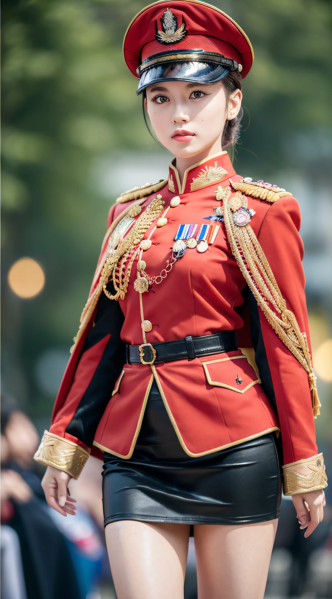 ((Realistic lighting, Masterpiece: 1.3)), (raw photo:1.2), Hyperrealist portrait Beautiful Chinese girl, 20 years old, ((pale skin: 1.6)), beautiful eyes, very detailed eyes and face, (full real formal crimson red military uniform), (crimson red pencil skirt), (military cap), ((high rank)), military cape, charming serious face, natural makeup: 1.2, (military standing pose), chignon hair style, Best quality, 8K, professional photography, (full body), parade background