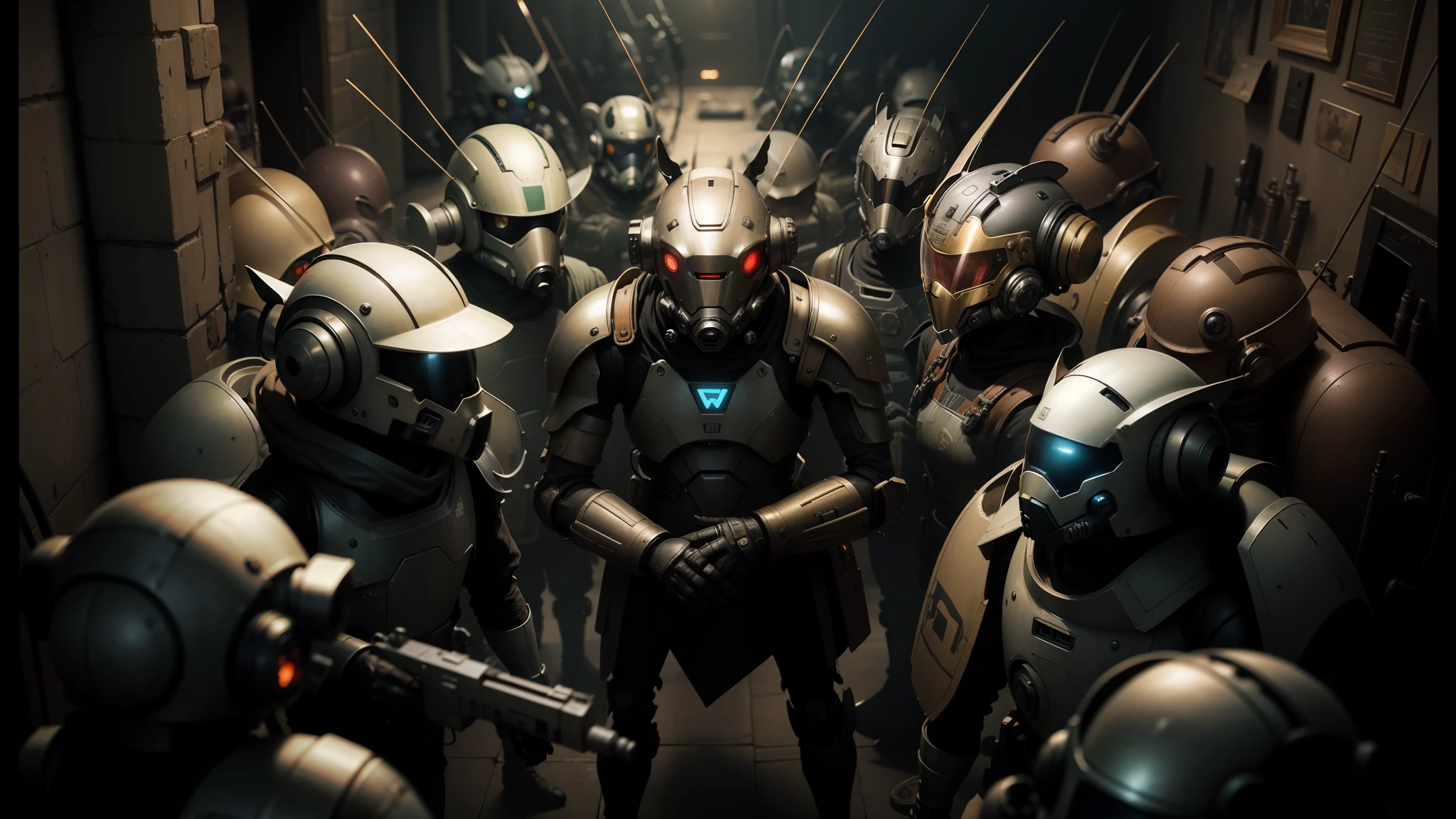 there are many people in helmets and helmets standing in a room, steampunk robot ant, screenshot from a movie, mousefolk, inspired by Antonín Slavíček, realistic soldiers, grey tarnished robes, standing microphones, pictured from the shoulders up, cgi animated, guards, african female android, salvia droid, skaven, soldiers charging in --auto --s2