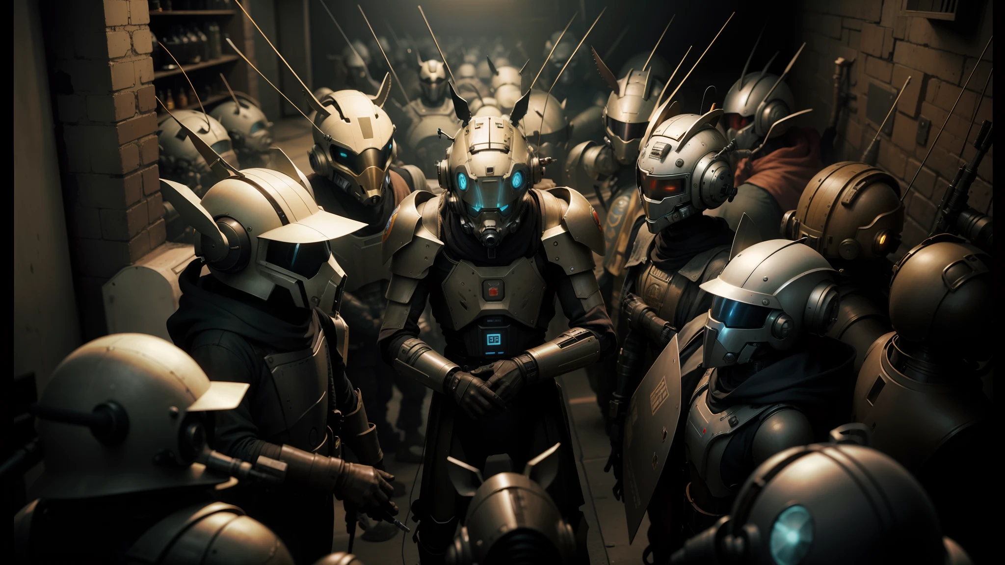 there are many people in helmets and helmets standing in a room, steampunk robot ant, screenshot from a movie, mousefolk, inspired by Antonín Slavíček, realistic soldiers, grey tarnished robes, standing microphones, pictured from the shoulders up, cgi animated, guards, african female android, salvia droid, skaven, soldiers charging in --auto --s2