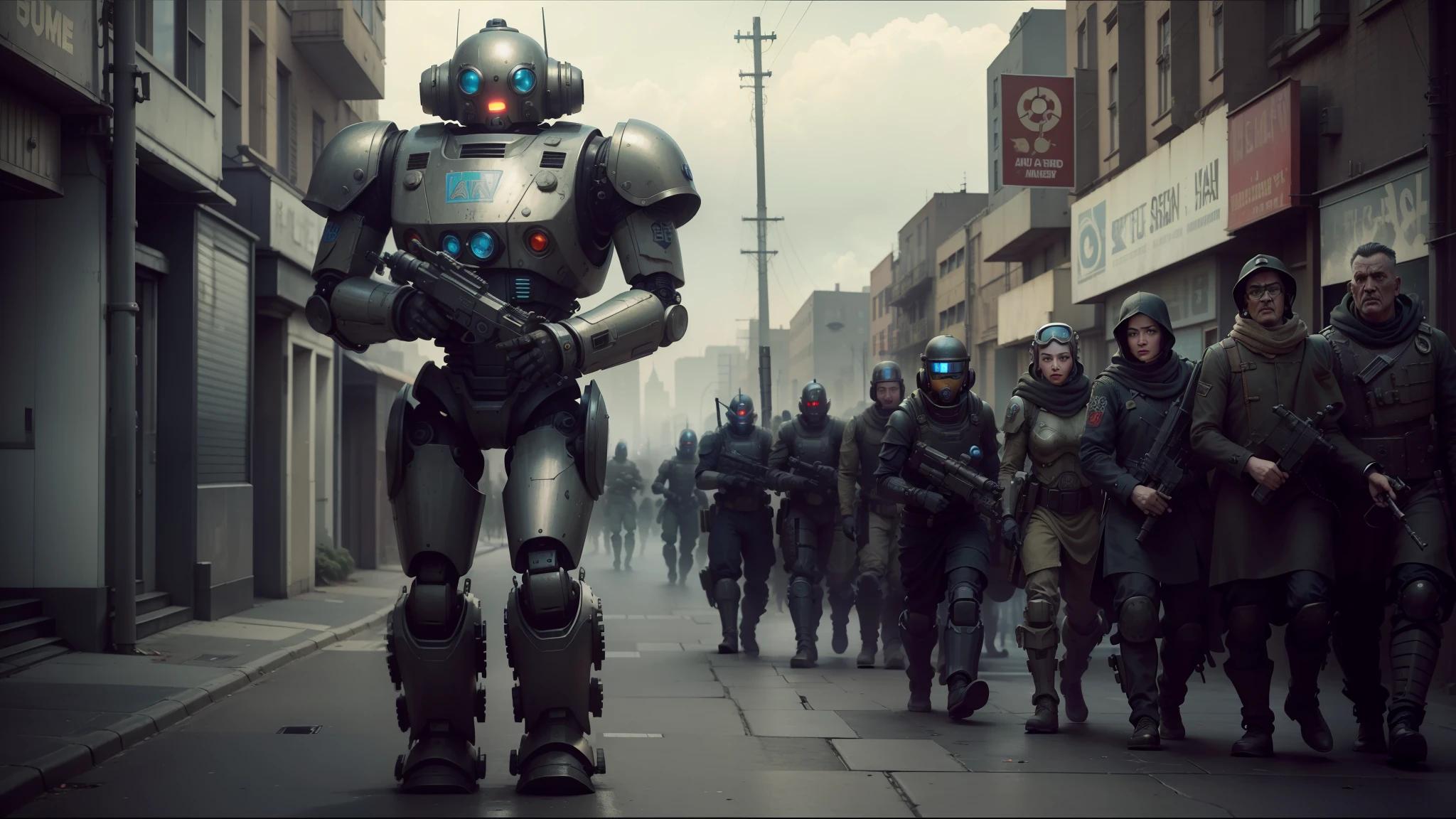 there are many people walking down the street with a robot on their head, in postapocalypse city, british street background, hyperrealistic movie filmstill, inspired by Ravi Zupa, robot guards, cinematic color grading, plated armor, poppy, fallout style --auto --s2