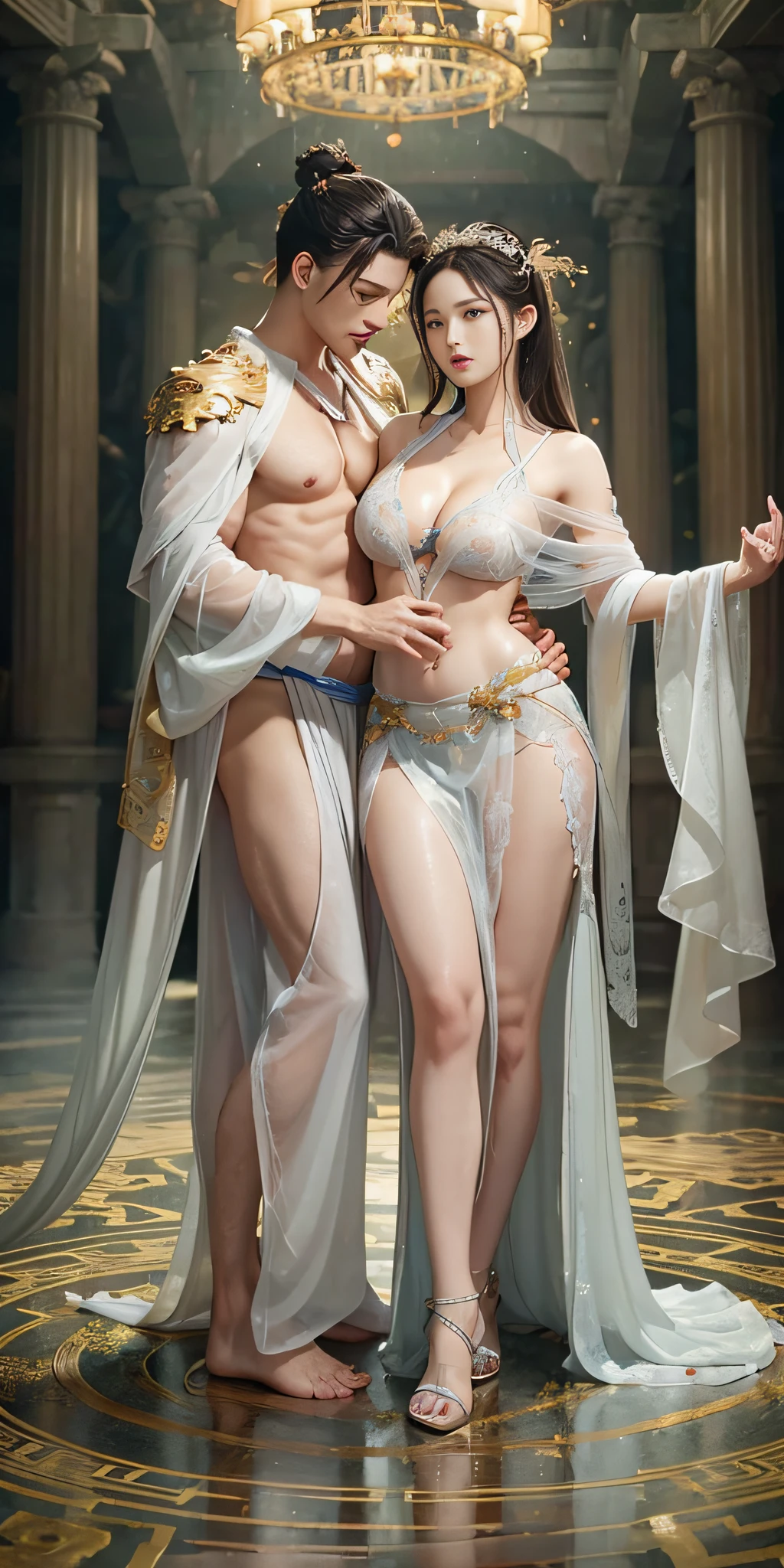 (couple cuddling) rough man Zeus muscular naked, beauty, sexy, big breasts, cleavage, bare legs, see-through, standing, hanfu, wet, clear, realistic, highest detail, Chinese mythology, dragon pattern, phoenix, sacred, holy, mountains