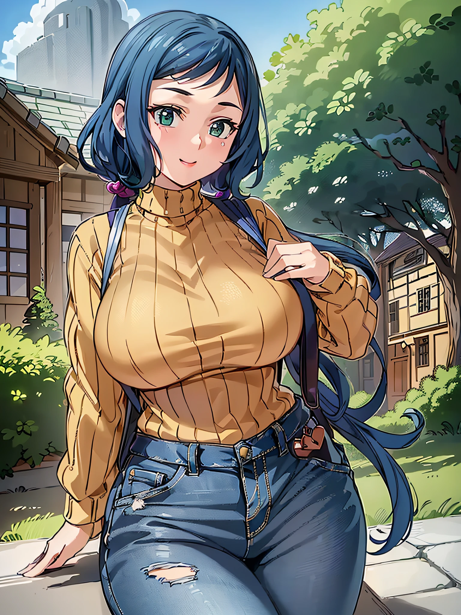 (masterpiece)), ((best quality)), (ultra-detailed), ((kawaii)), cute, (lovely), ((extremely detailed)), 4K, (8K), best quality, (beautiful),(((world-class quality))), extremely detailed, high resolution, (detailed shaded pretty face), full body, (house wife), solo, gigantic breasts, (((sagging breasts))), wearing navy blue apron, Denim pants, wearing yellow turtleneck sweater,