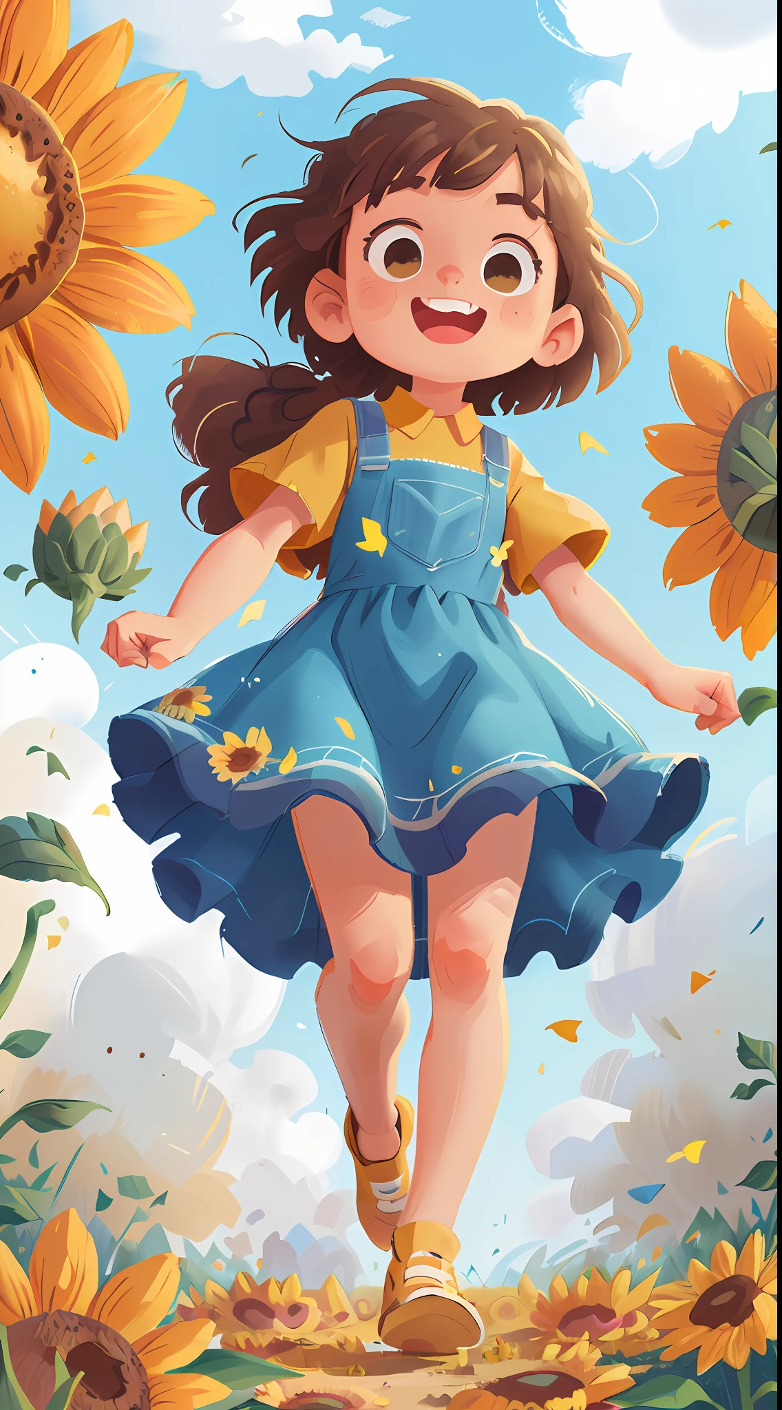 A girl, running in a sea of sunflower flowers, blue sky and white clouds, happy, happy, perfect quality, clear focus, (Masterpiece: 1.2) (Realistic: 1.2) (Bokeh) (Best quality) (Detailed skin: 1.3) (Intricate details) (8K) (Detail eyes) (sharp focus), (Happy) Full body, clean background, long view composition, 85MM lens