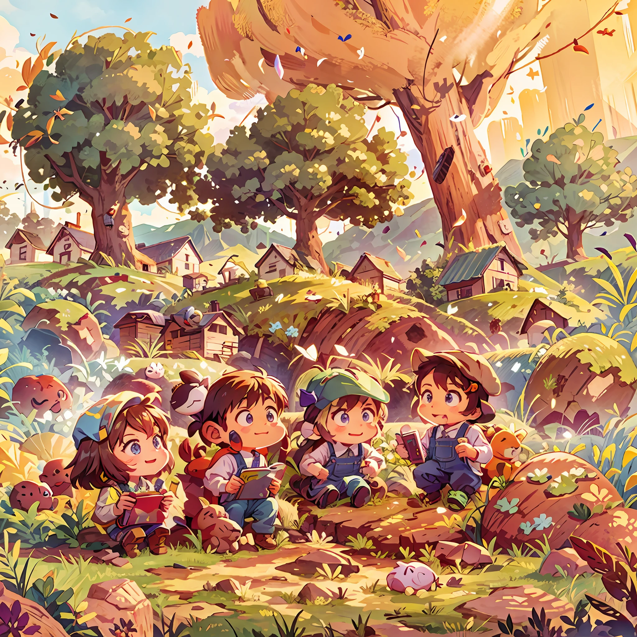 Cartoon illustration of farmer sitting in field with trees, game illustration, official illustration, official artwork, epic full color illustration