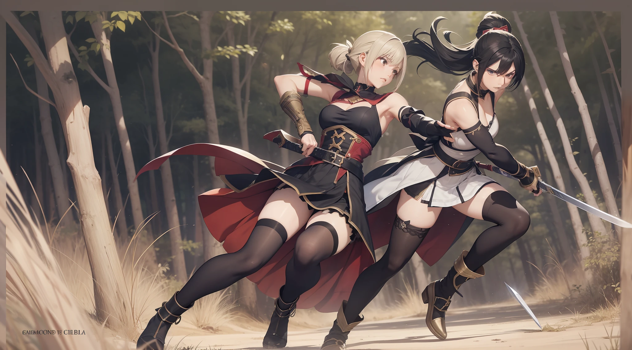 Full body shot from head to feet, two female characters from Soul Calibur. Female 1 attacking Female 2 with short sword, while Female 2 defending with short sword, but wounded and defeated, in pain expression. Both characters have long hairstyle, wear short sleeveless dress, with ribbon in the back of their dress, and long gloves. Both characters wears short skirt is also a prominent feature of their attire, complemented by black thigh highs stockings. The background set in a deep forest, with simple effect.