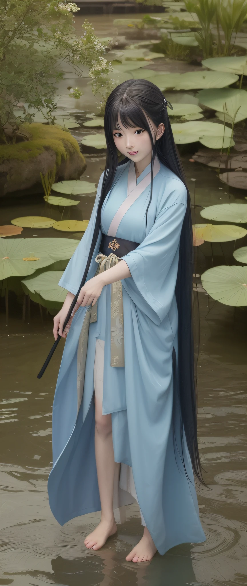 ((4k, masterpiece, best quality)), shuimobysim, Chinese painting, lotus, hanfu, maxiskit, dress conservatively 1girl, solo, long blue hair, smile, standing, feet in the water, barefoot, swordsman
