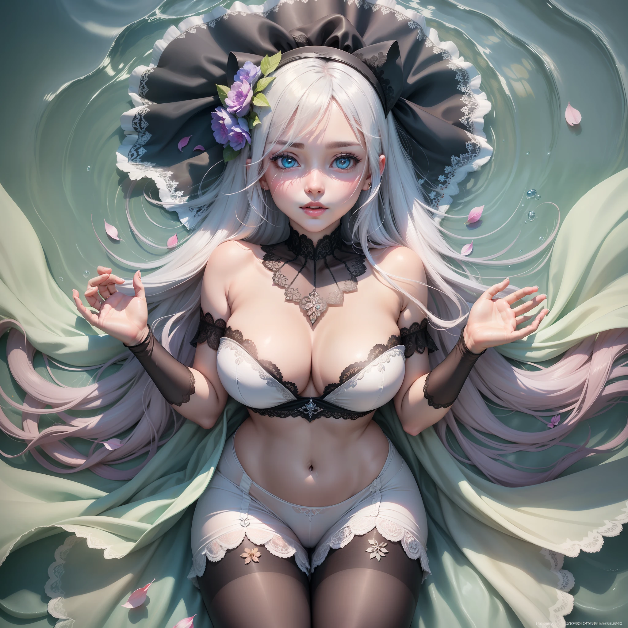 Open legs, camel toes, long eyelashes, solid round eyes, faint smile, ear blush, Lying in the water, open palms to face the camera, lace tights, exposed navel, barcode, sexy, hair scattered in the water, petals falling in the air, wedding dress, long white hair, veil, transparent eye patch, full body, tongue sticking out, panting, head garland, gradient eyes, aqua eyes, gradient eyes, glowing eyes, blush, heart in the eyes, naughty face, endureable face, surrealism, shadow, relief, Stereogram, tachi-e, pov, atmospheric perspective, verism, from above, overexposure, 8k, super detail, ccurate, best quality, best quality, uhd, anatomically correct, ccurate, masterpiece, high detail, leaf shadow, long legs, shyness