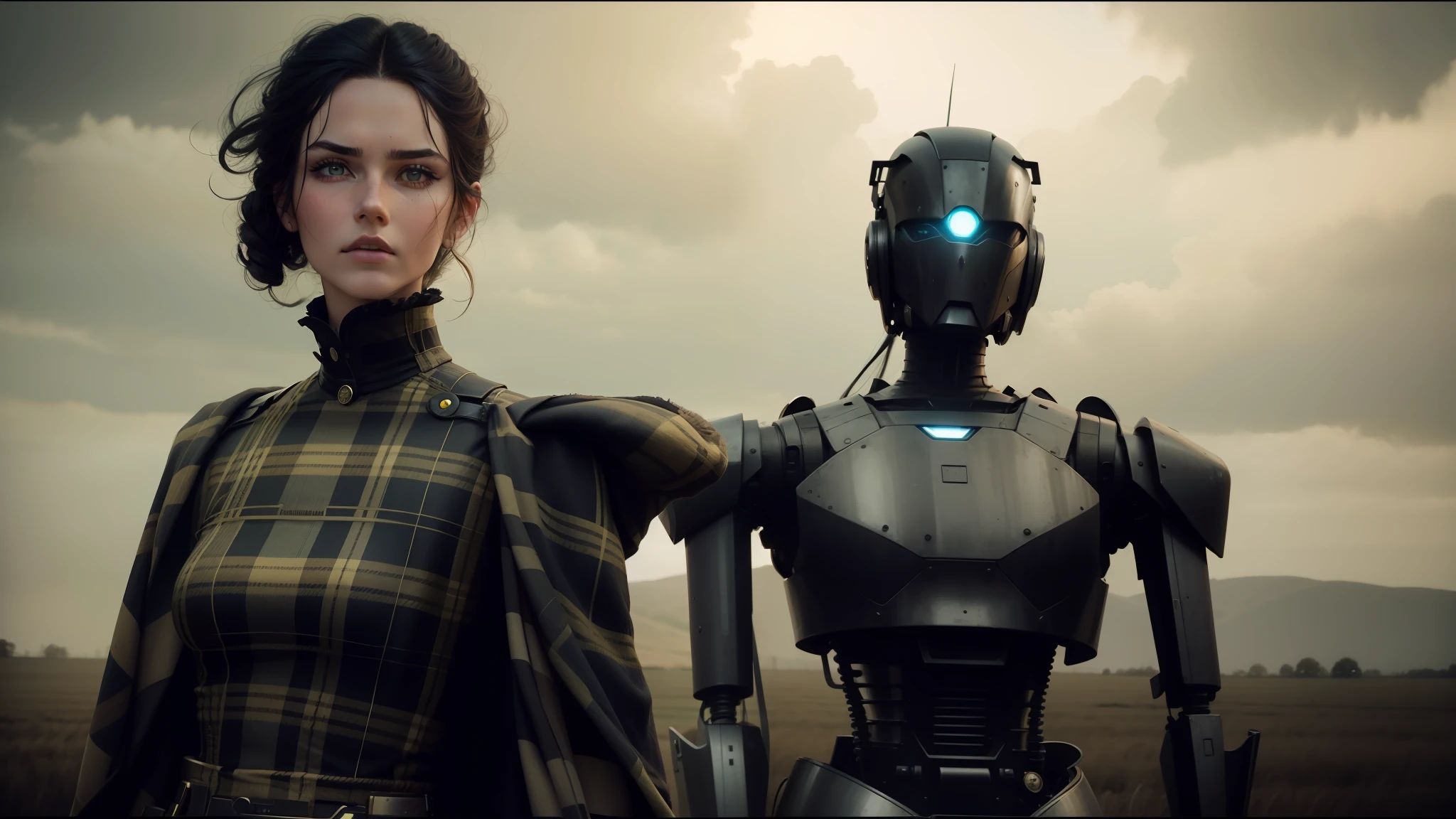 there is a woman standing next to a robot in a field, vogue italia, tartan garment, classical animation, scott robertson, two models in the frame, victorian photograph, two women, cyborg warrior --auto --s2