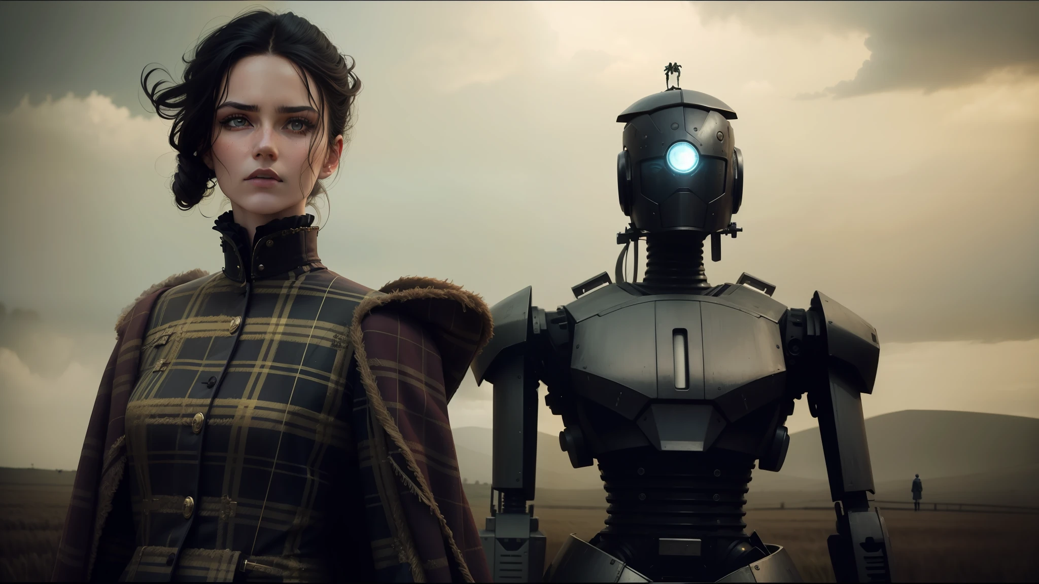 there is a woman standing next to a robot in a field, vogue italia, tartan garment, classical animation, scott robertson, two models in the frame, victorian photograph, two women, cyborg warrior --auto --s2