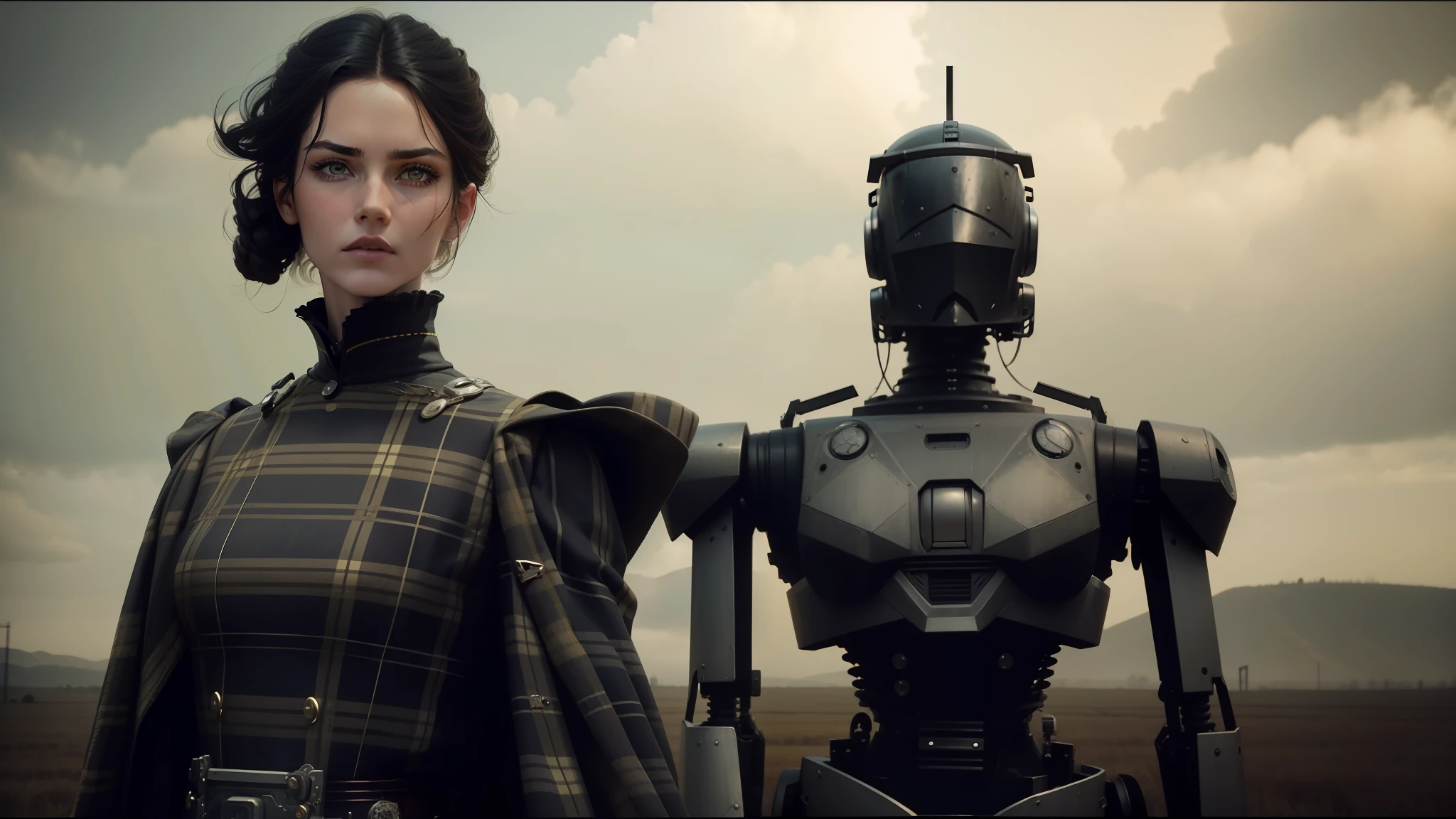 there is a woman standing next to a robot in a field, vogue italia, tartan garment, classical animation, scott robertson, two models in the frame, victorian photograph, two women, cyborg warrior --auto --s2