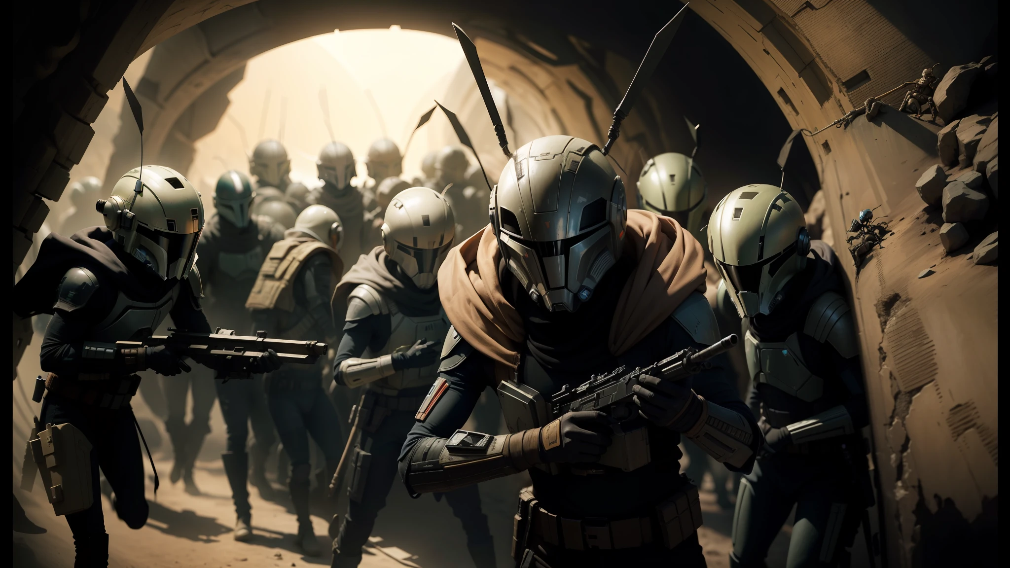 there are many people in alien costumes walking through a tunnel, from the mandalorian (2019), smart ants, by Antonín Slavíček, war boys, pictured from the shoulders up, antropromorphic stick insect, bbc promotional artwork, star destroyers --auto --s2