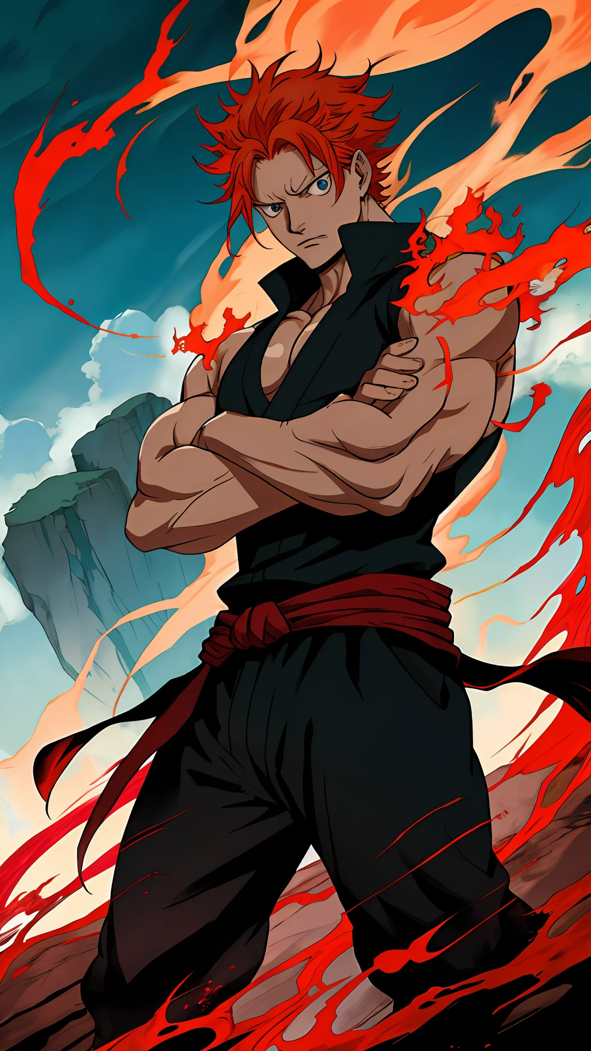 Shanks from One Piece and Gojo from Jujutsu Kaisen merged, forming a unique and powerful being with flaming red hair and piercing blue eyes. It sits atop a rocky outcrop, overlooking the ocean as a battle rages in the distance. His arms are crossed in a confident pose, and his clothes are a mix of pirate and jujutsu styles. The true power of fusion is evident in the swirl of energy around him, crackling with lightning and demonic energy. ((Anime style, high contrast, action-packed, fiery atmosphere, ethereal energy)) ((colored by studio Ghibli)) ((combined style of Jujutsu kaisen and one piece))