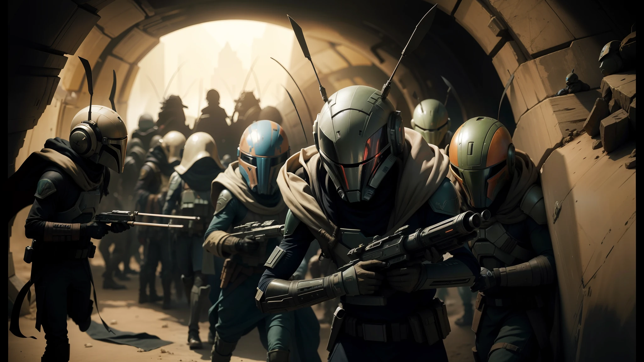 there are many people in alien costumes walking through a tunnel, from the mandalorian (2019), smart ants, by Antonín Slavíček, war boys, pictured from the shoulders up, antropromorphic stick insect, bbc promotional artwork, star destroyers --auto --s2