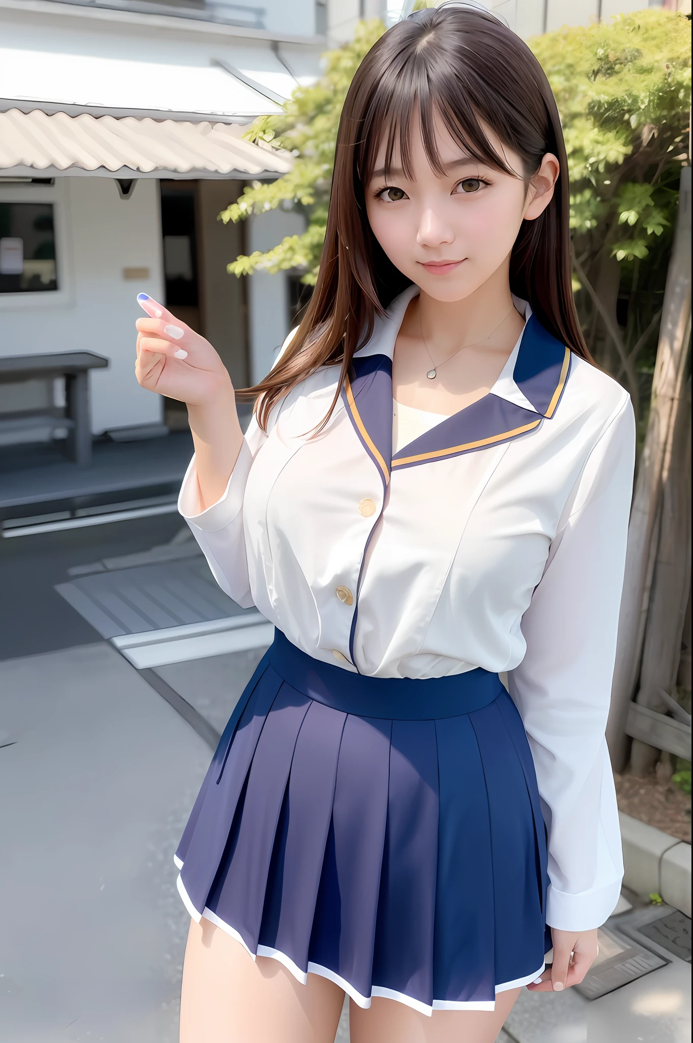 (Skin Blemishes: 1.2), (Skin Dents), Black Eyes, 1 Woman, 17 years old, (Female))), Solo, Realistic, Best Quality, Photorealistic, Masterpiece, 8K, High Resolution, Solo, Highly Detailed Face, (Professional Lighting, Bokeh), (Light Particles, Lens Flare, Luminous Particles: 0.6), (Dynamic Pose: 1.2), Soft Lighting, Angle View from Above Fashionable and trendy atmosphere, Japan, street, Tokyo, city, ((daytime)), sky, ((viewer's perspective: 1)), (camera perspective), (portrait: 0.6), cowboy shot, gorgeous, standing figure, keep original facial proportions, full body, (big breasts), (long hair), forehead, black hair, floating hair, lips, lipstick, seductive smile, floating hair, smile, (sailor suit) , (Japan school uniform), lashes, slim