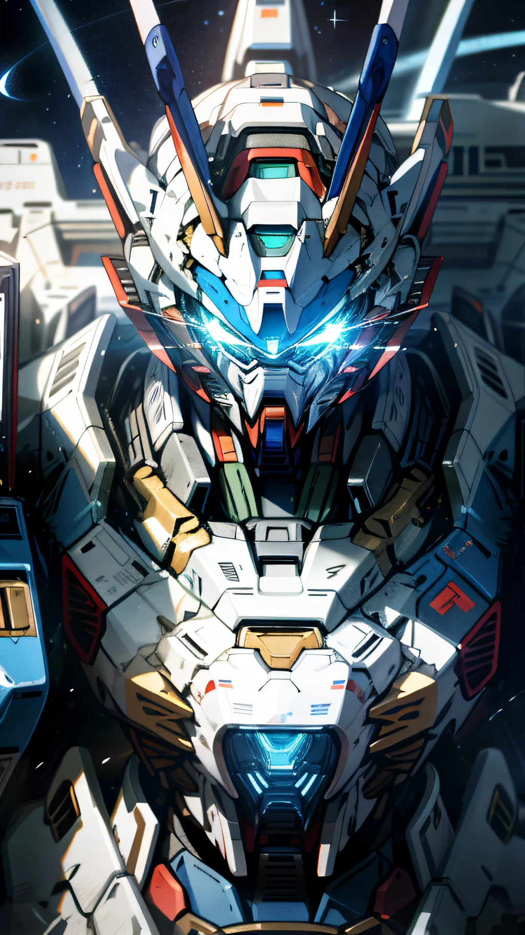 Outstanding mass, 8k, huge Gundam mech, upper body, blue and white, eyes glowing blue, flying in the universe, blue planet