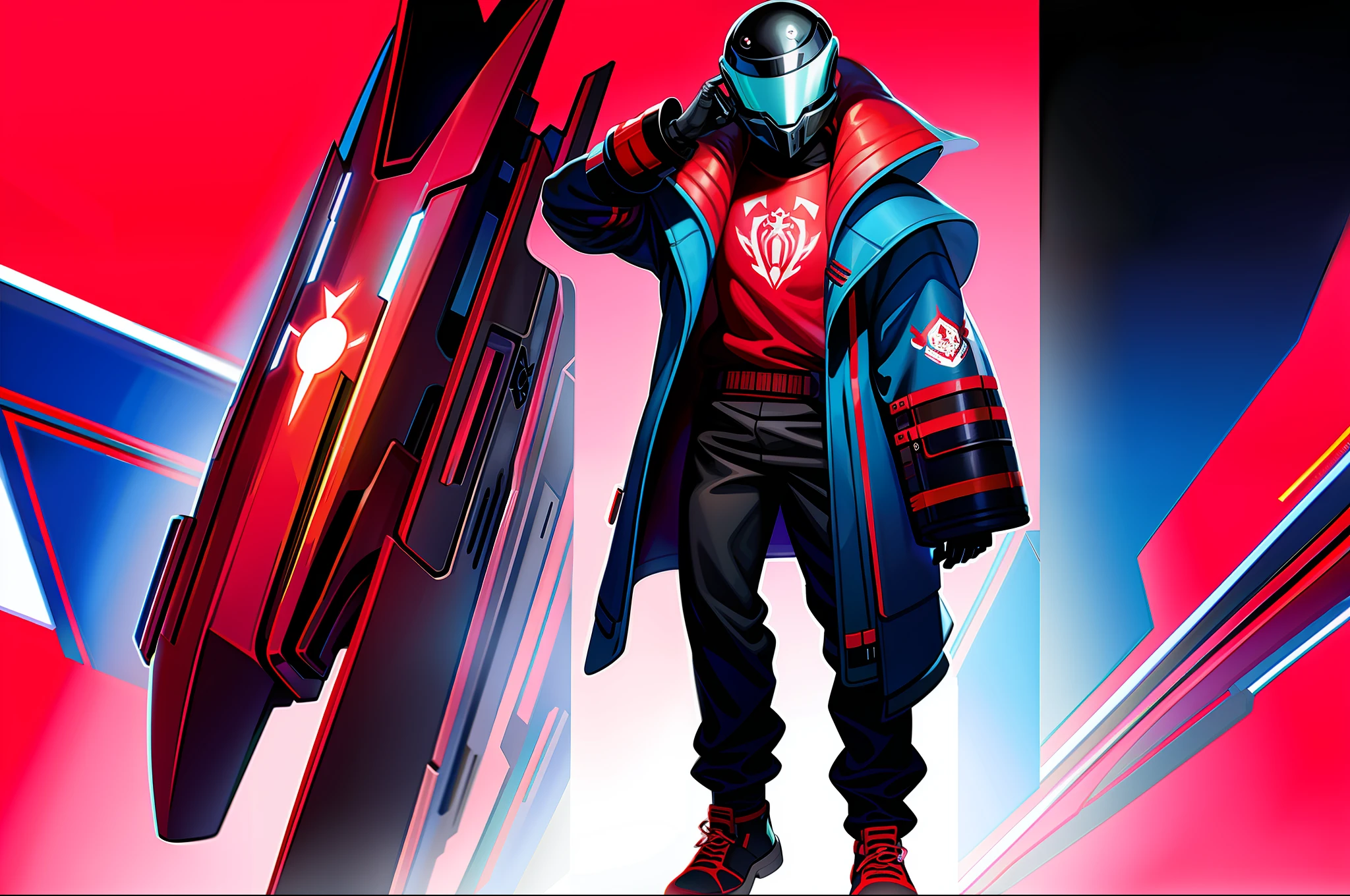 Guy wearing cyberpunk helmet armor red and blue fullbody spider logo on chest fullbody cuffs on ankles character art class on wrists