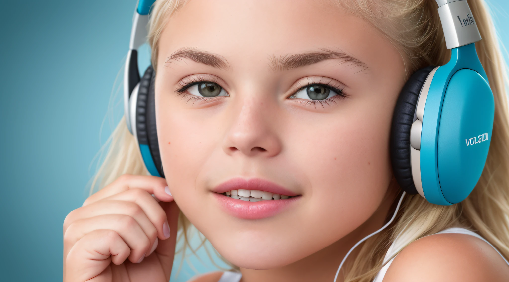 close-up of a hyper-detailed portrait of a 10-YEAR-OLD CHILD WITH STRAIGHT PLATINUM BLONDE HAIR beautiful, perfect body,teal background, WITH BOXING GLOVES, digital RAW color photo with extremely high details, ((using wireless headphones)), HDR, 8k resolution, smooth, (blur): 1.7, (warm and soft ambient light):1.8, atmosphere, realistic, (volumetric mist):1.6, depth of field, side lighting, photographed on a Kodak box camera