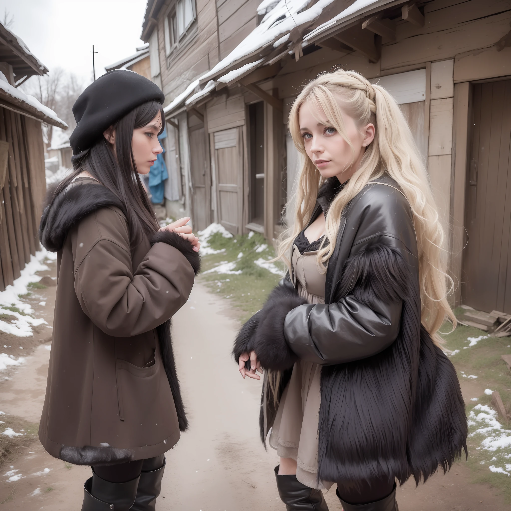 In the Middle Ages, 35-year-old Slavic prostitutes, living in dirty and dilapidated pigsties, with a lot of manure on the ground, garbage, dirty, black fur coats, waist-length tights, fur boots, ragged, unkempt, ((minus 50 degrees, cold winter))))