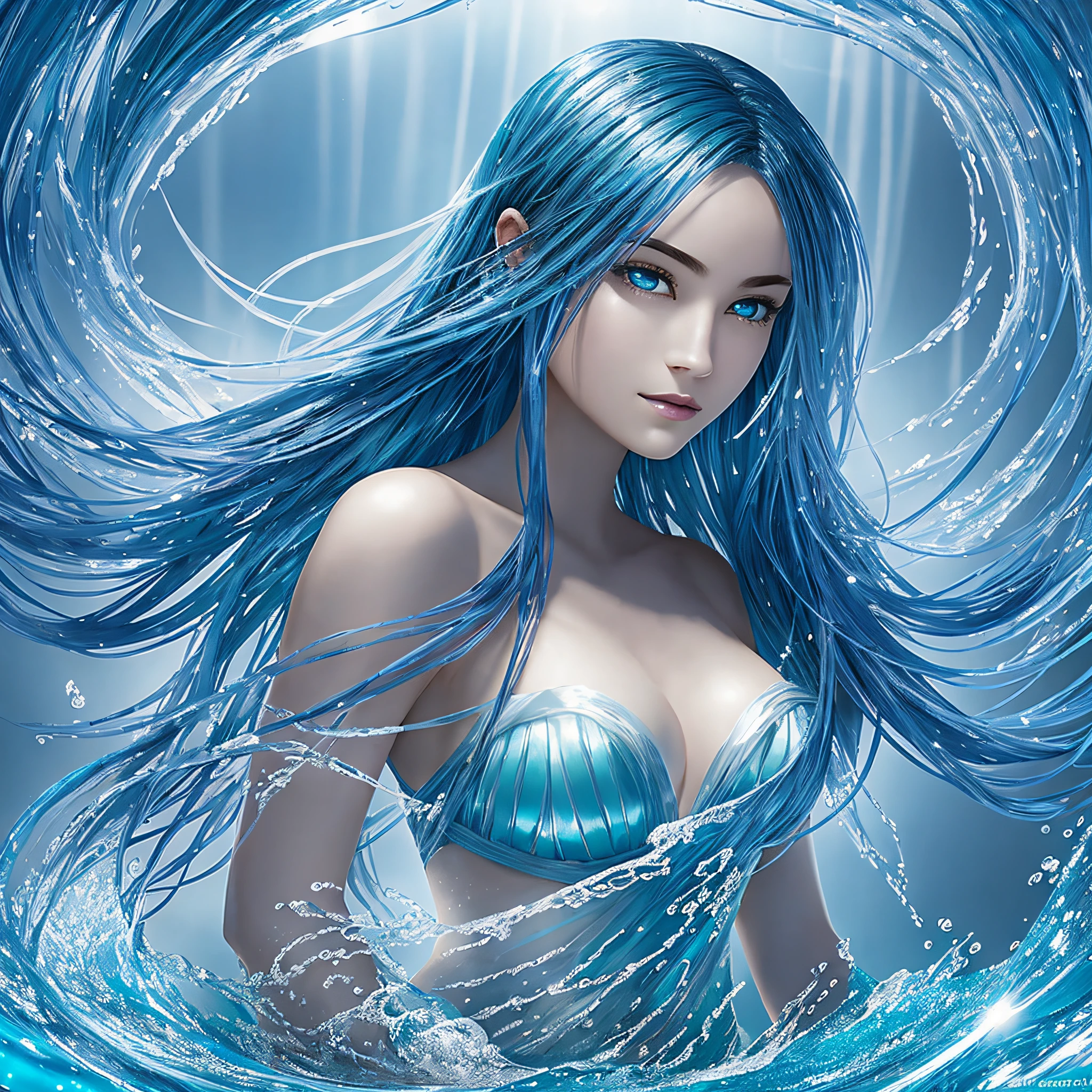 She is a beautiful water spirit, the spirit hair is flowing and transparent blue, it looks like a waterfall, the eye color is aquamarine, reflecting the depth of the sea. It is surrounded by a gentle mist and has a fantastic and enchanting appearance. Water Spirit's skin is glowing and glowing with a soft blue hue, Water Spirit gentle and seductive, photorealistic, masterpiece, highest quality, super detailed, HDR, 8K
