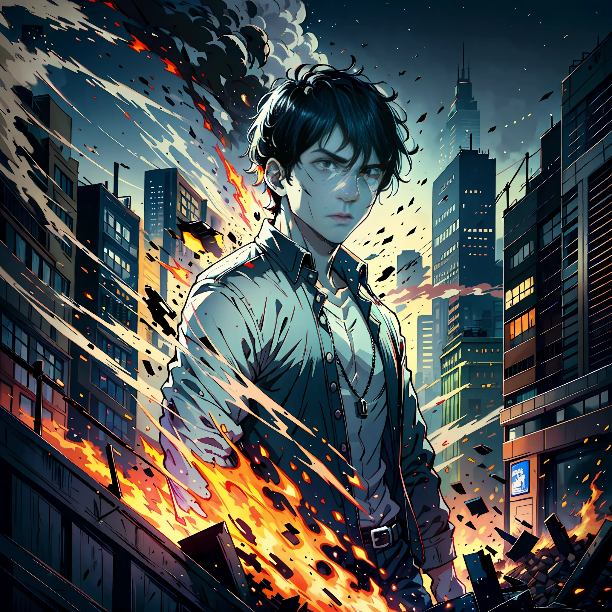 A handsome boy with black eyes, short black hair, about to turn into a zombie, front, collapsed buildings, rubble, fire +, billowing smoke, fear +, rollover, night, horror, half moon in the sky, apocalypse, no blood, highly real, UHD, chiaroscuro, super high detail
